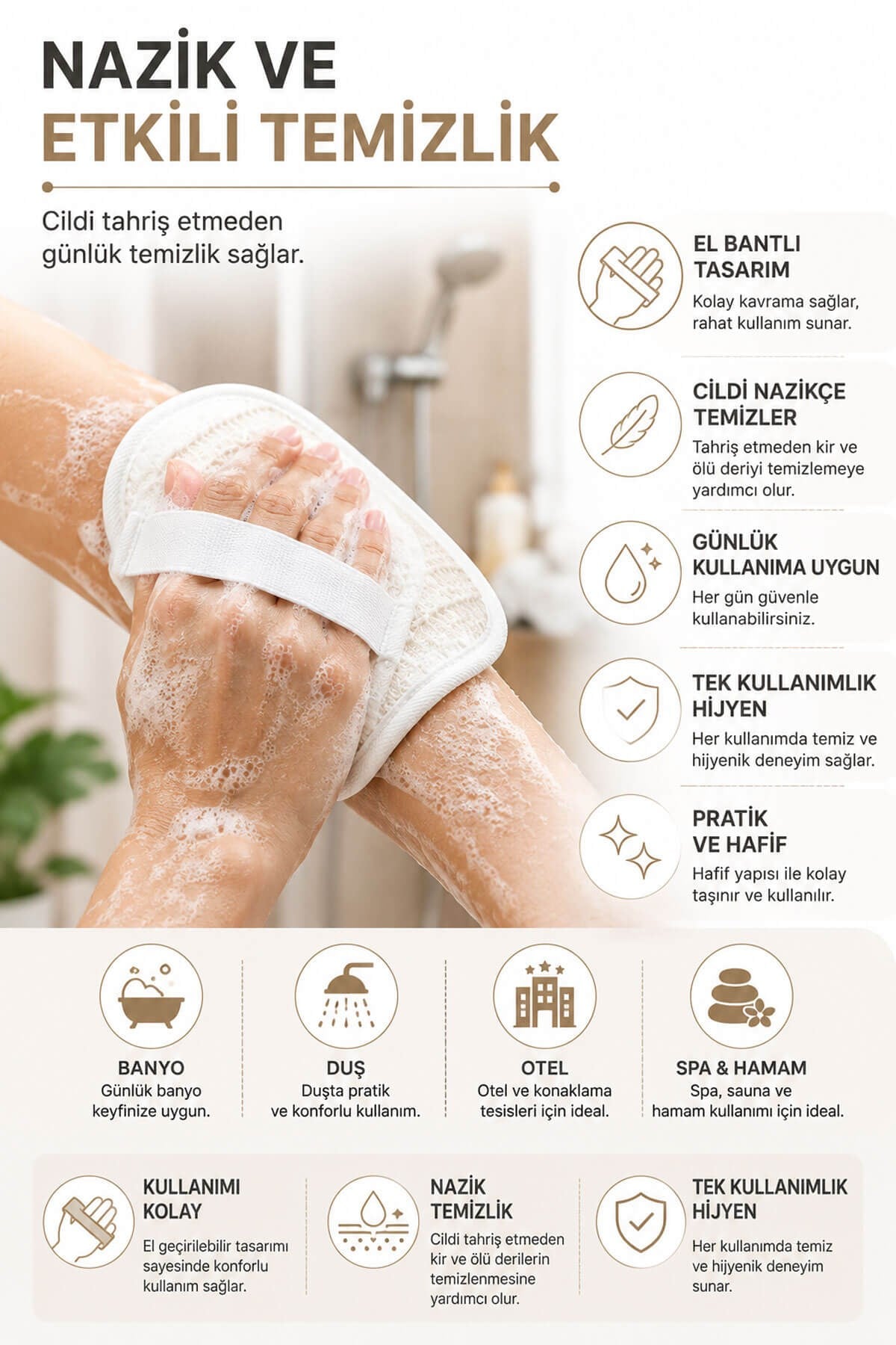 10 Adet Tek Kullanımlık Banyo Lifi 10x15 cm Hijyenik El Geçirmeli Duş, Spa, Otel ve Seyahat Lifi