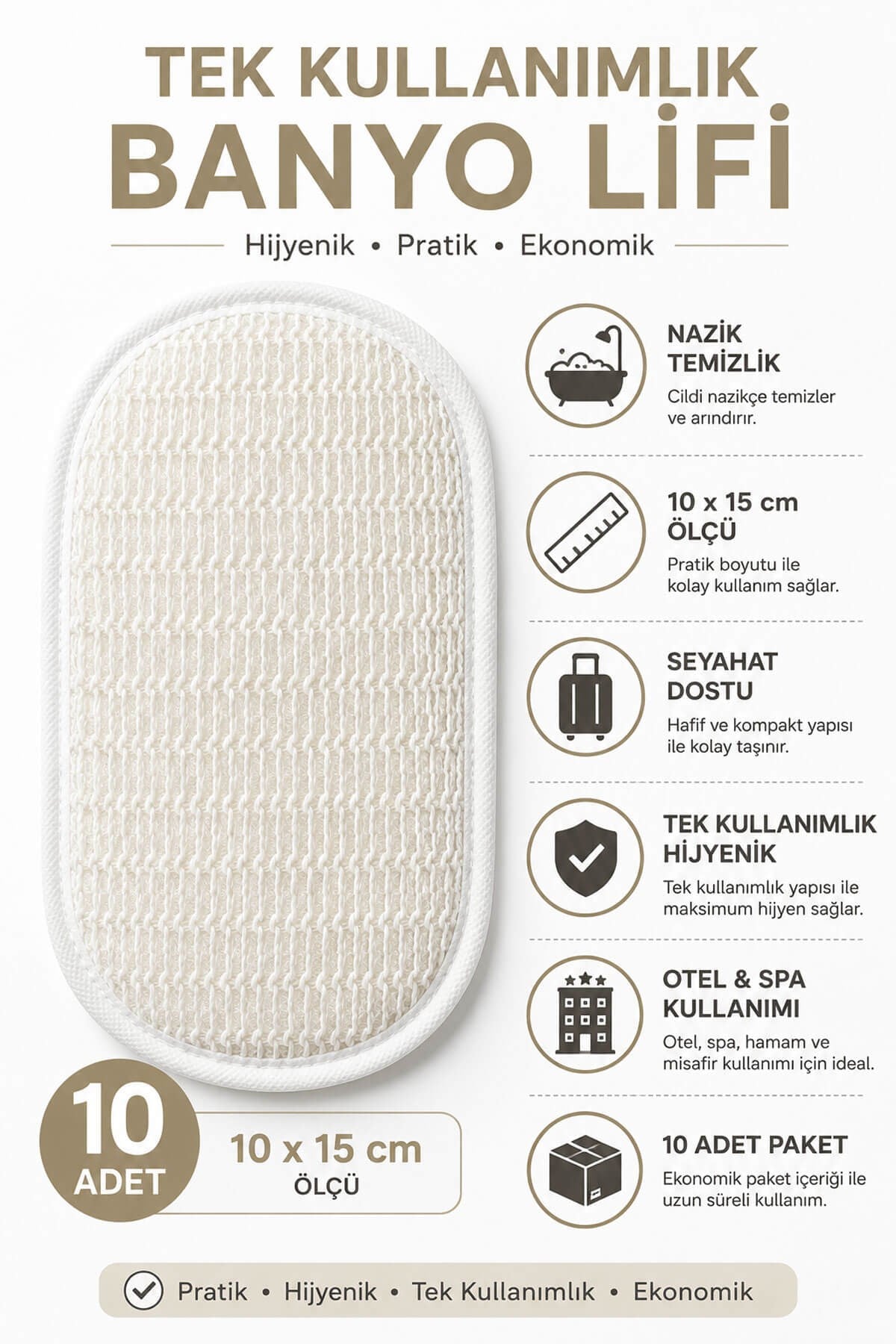 10 Adet Tek Kullanımlık Banyo Lifi 10x15 cm Hijyenik El Geçirmeli Duş, Spa, Otel ve Seyahat Lifi