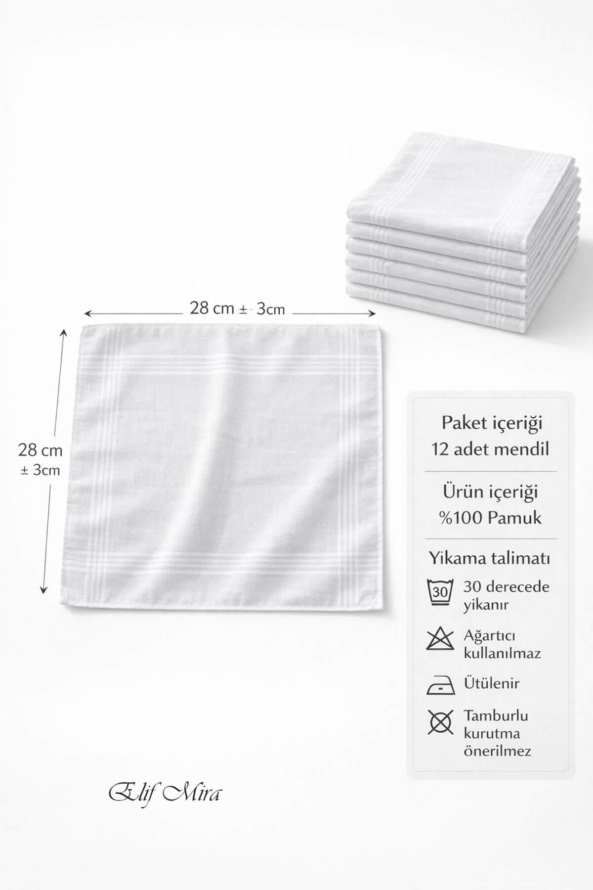 12 Adet Pamuklu Ekonomik Paket Çok Amaçlı Beyaz Kare Mendil 28X28 Cm