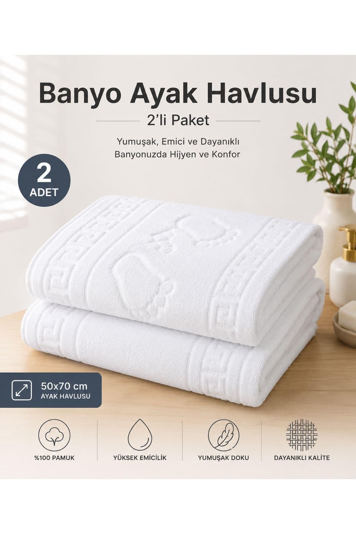 2 li Ayak İzli Banyo %100 Pamuklu Ayak Havlusu 50x70 Cm