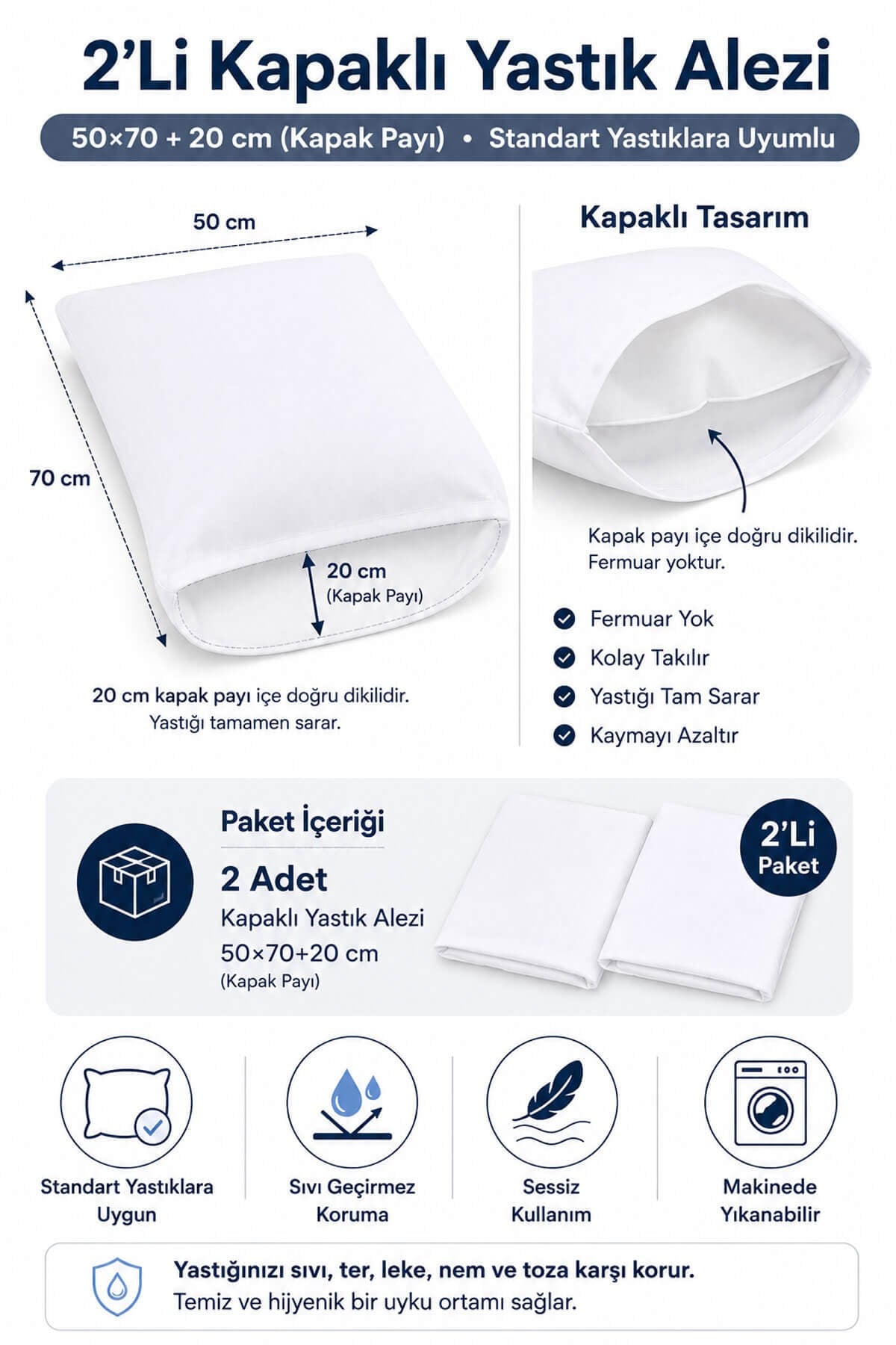 2 li Sıvı Geçirmez Yastık Alezi Pamuklu Kapaklı 50x70+20 Cm