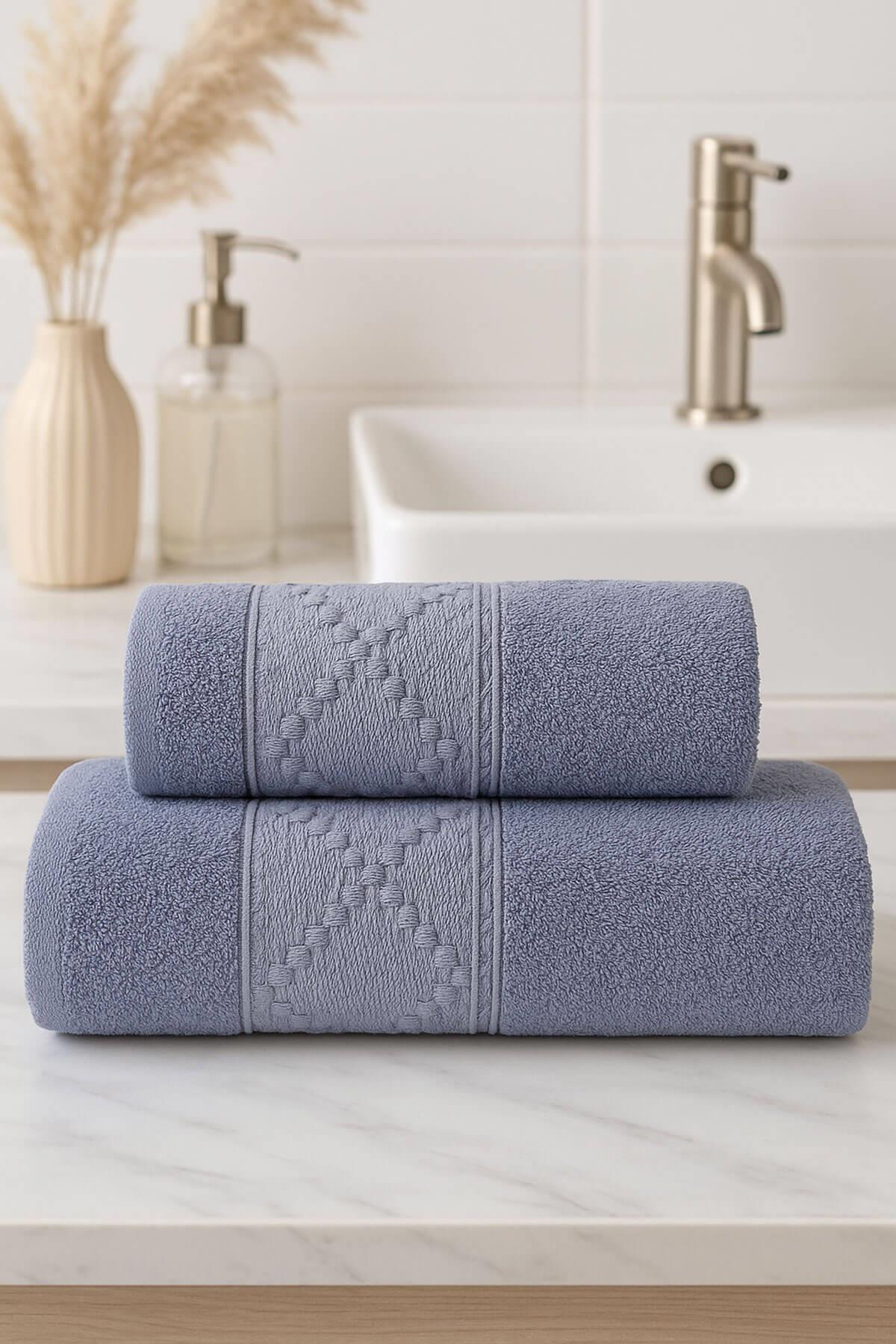 2 Parça Banyo Havlu Takımı %100 Pamuklu Duru Desen