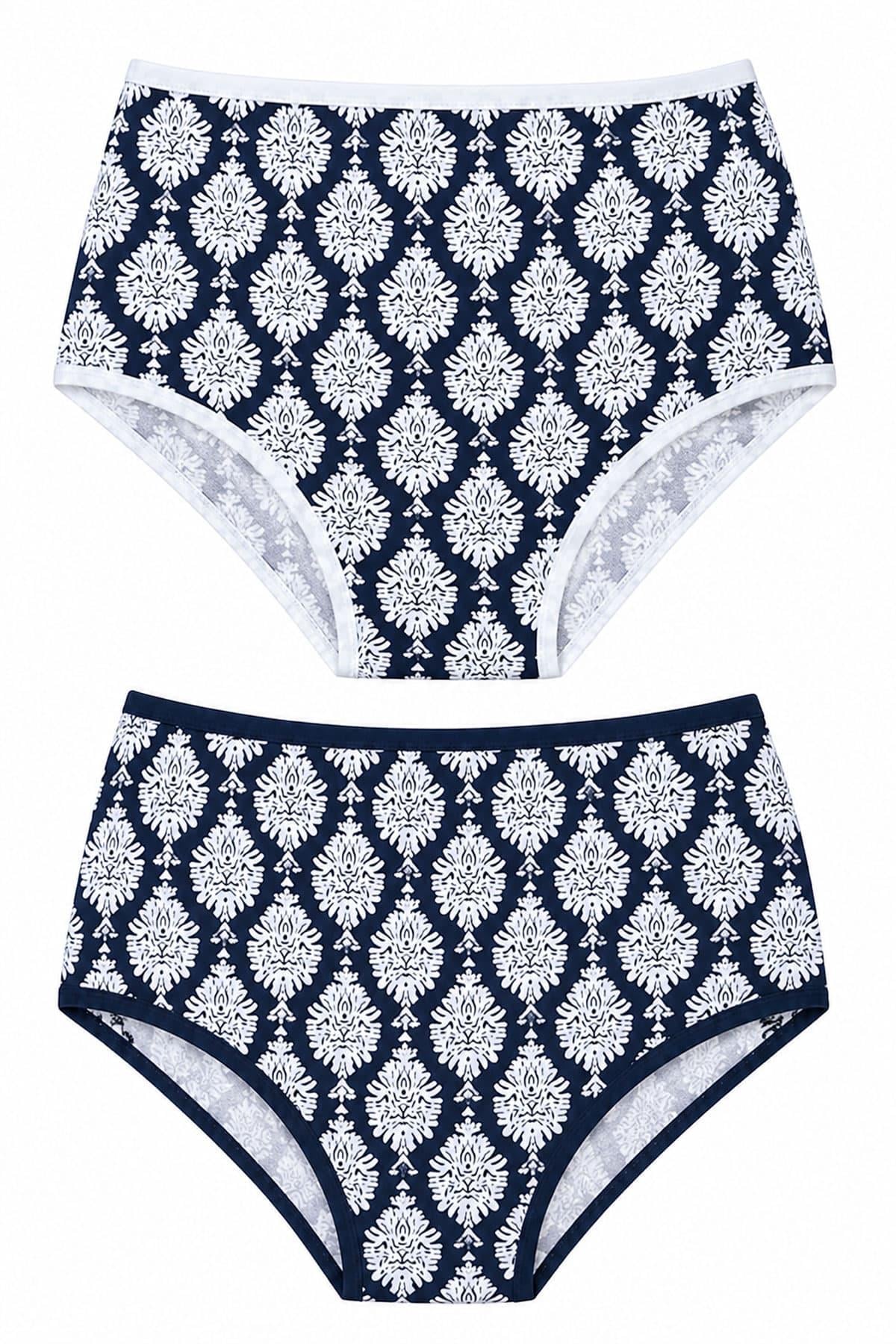 2'li Kadın Damalı Desenli Yüksek Bel Bikini Külot Seti