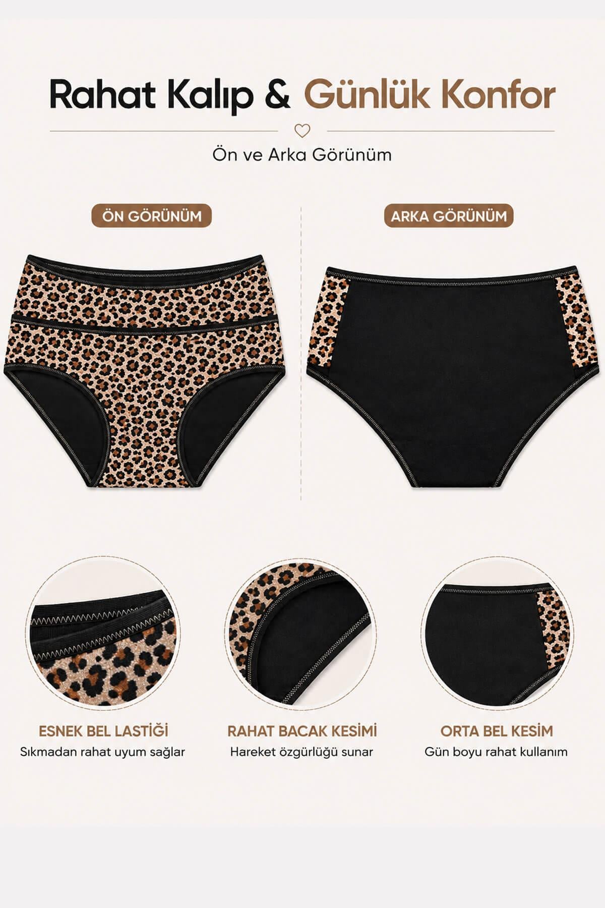 2'li Kadın Leopar Desenli Yüksek Bel Bikini Külot Seti İnce Lastikli