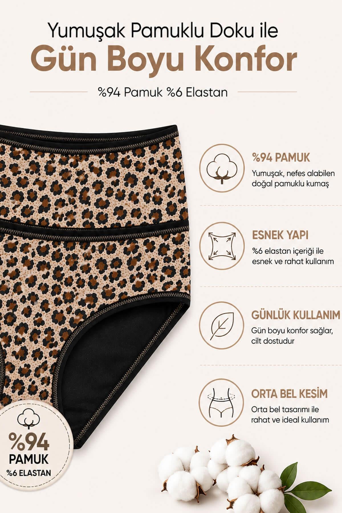 2'li Kadın Leopar Desenli Yüksek Bel Bikini Külot Seti İnce Lastikli