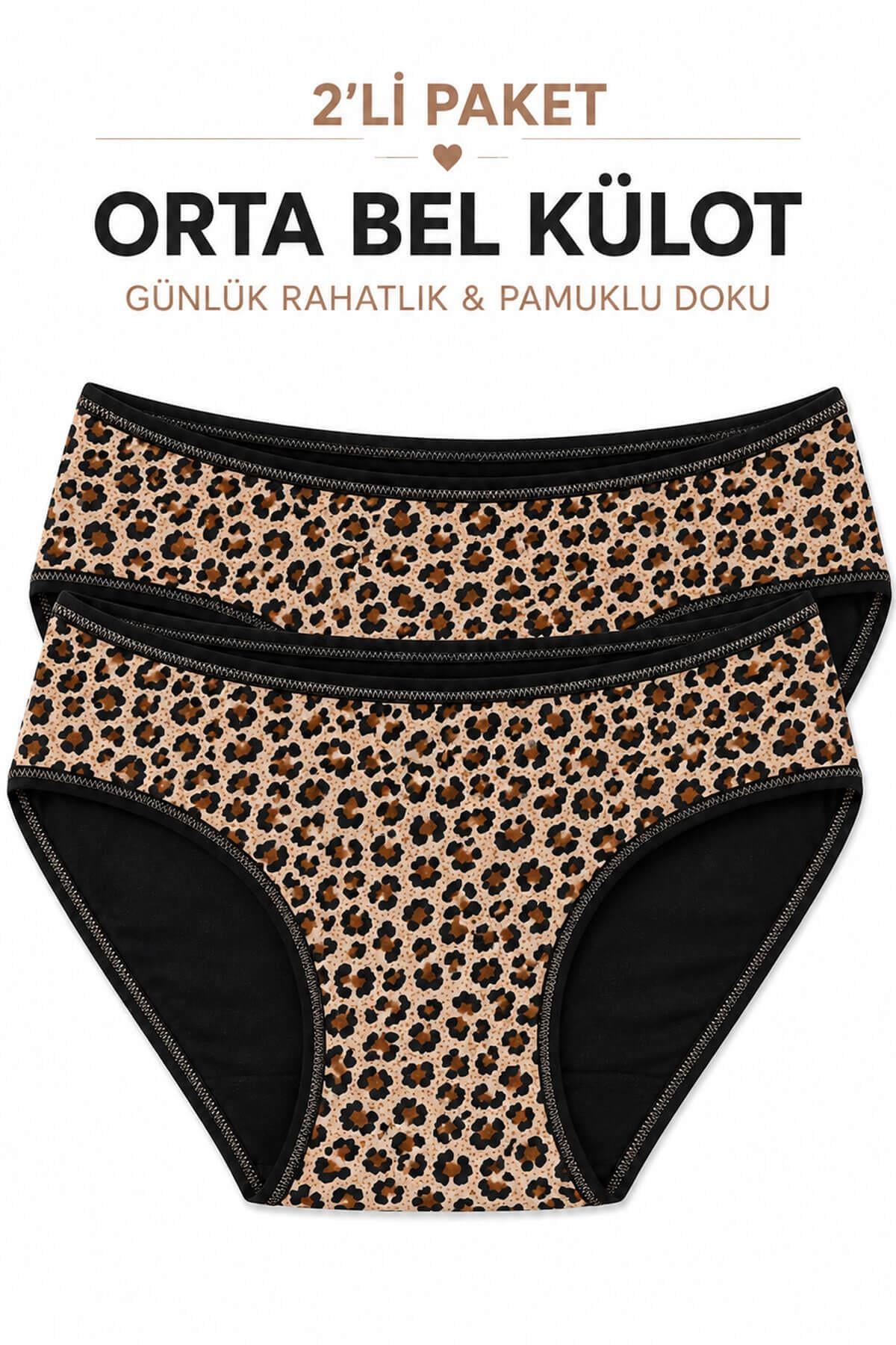 2'li Kadın Leopar Desenli Yüksek Bel Bikini Külot Seti İnce Lastikli