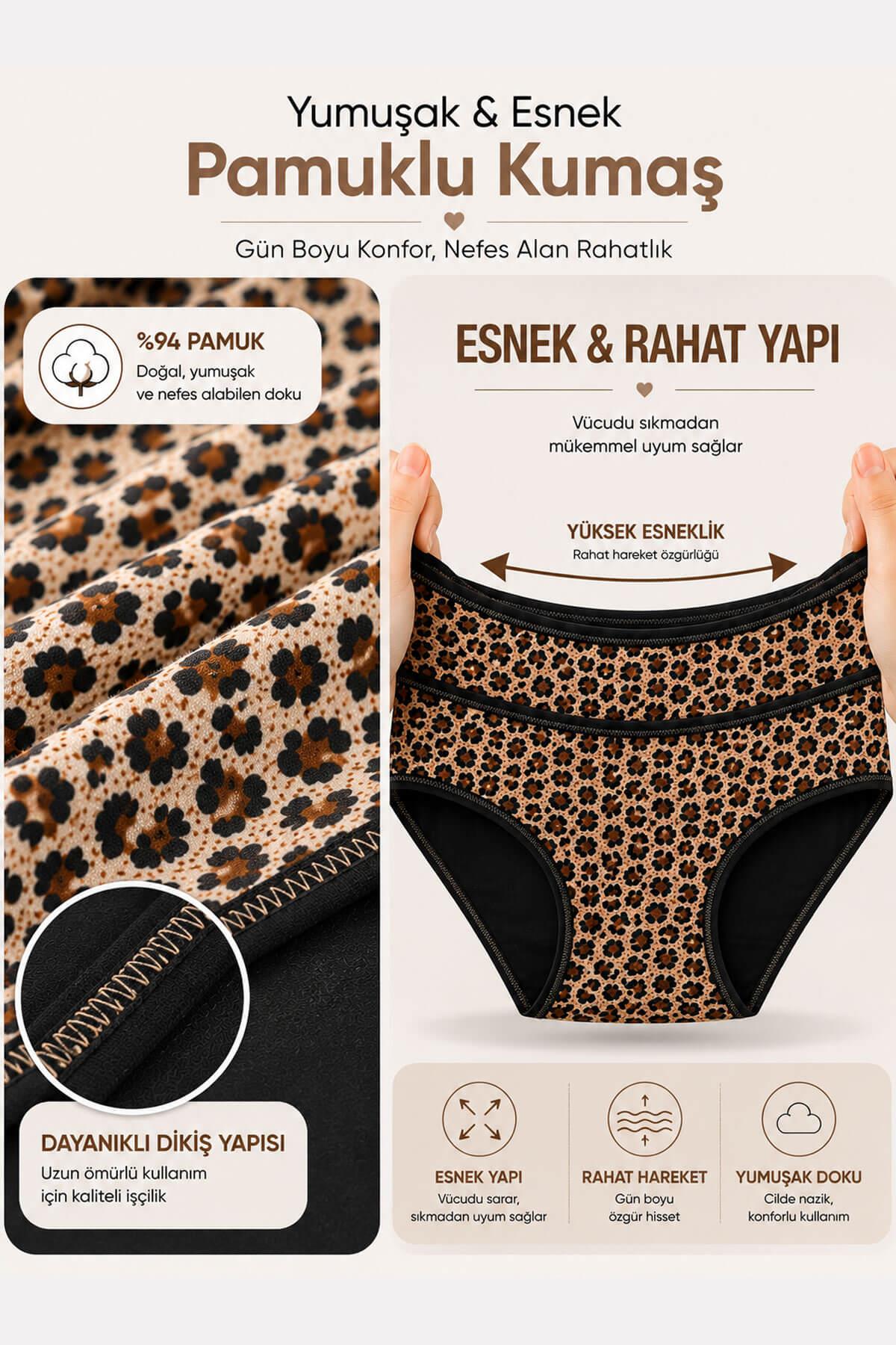 2'li Kadın Leopar Desenli Yüksek Bel Bikini Külot Seti İnce Lastikli