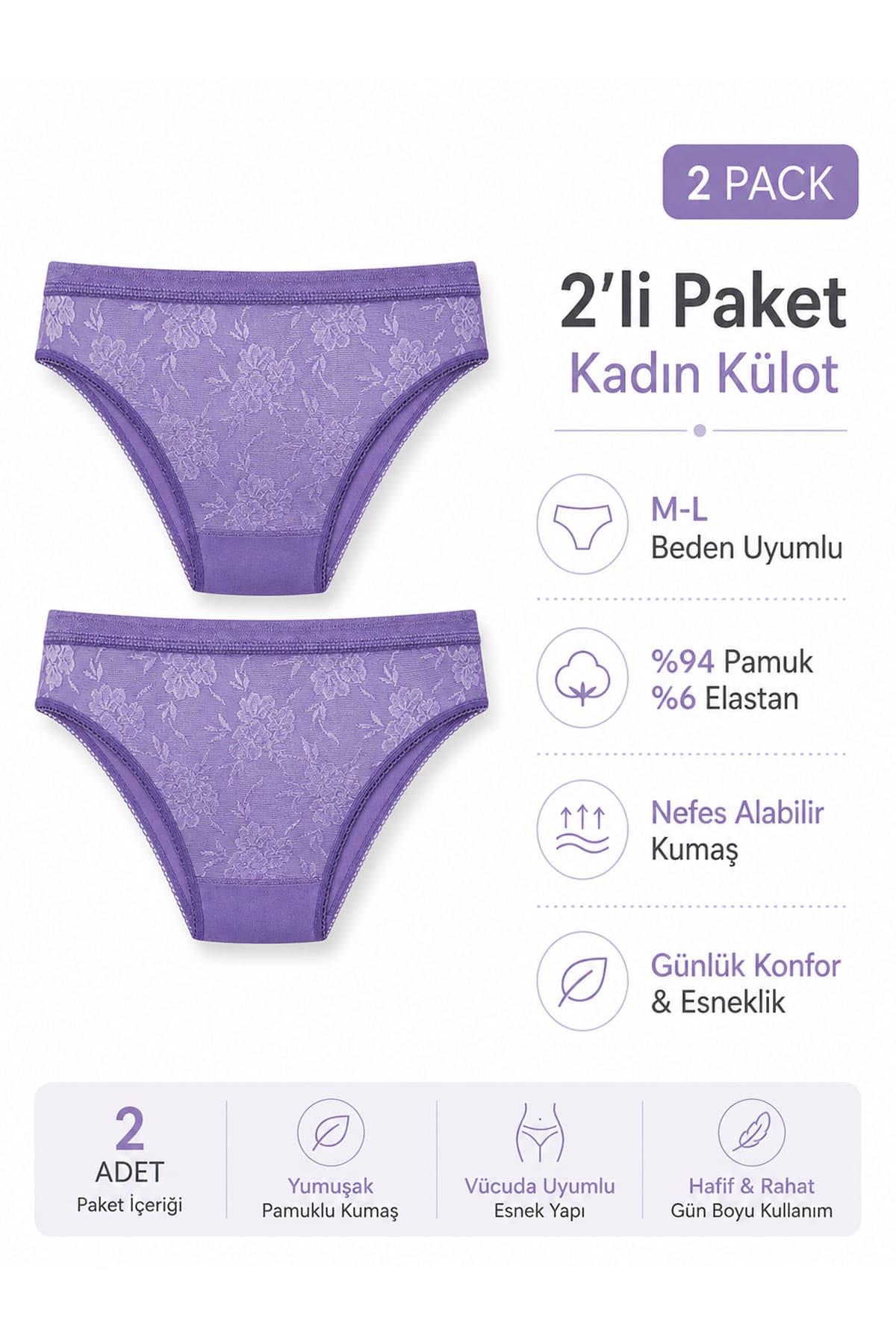 2'li Kadın Önü Dantelli Pamuklu Bikini Külot