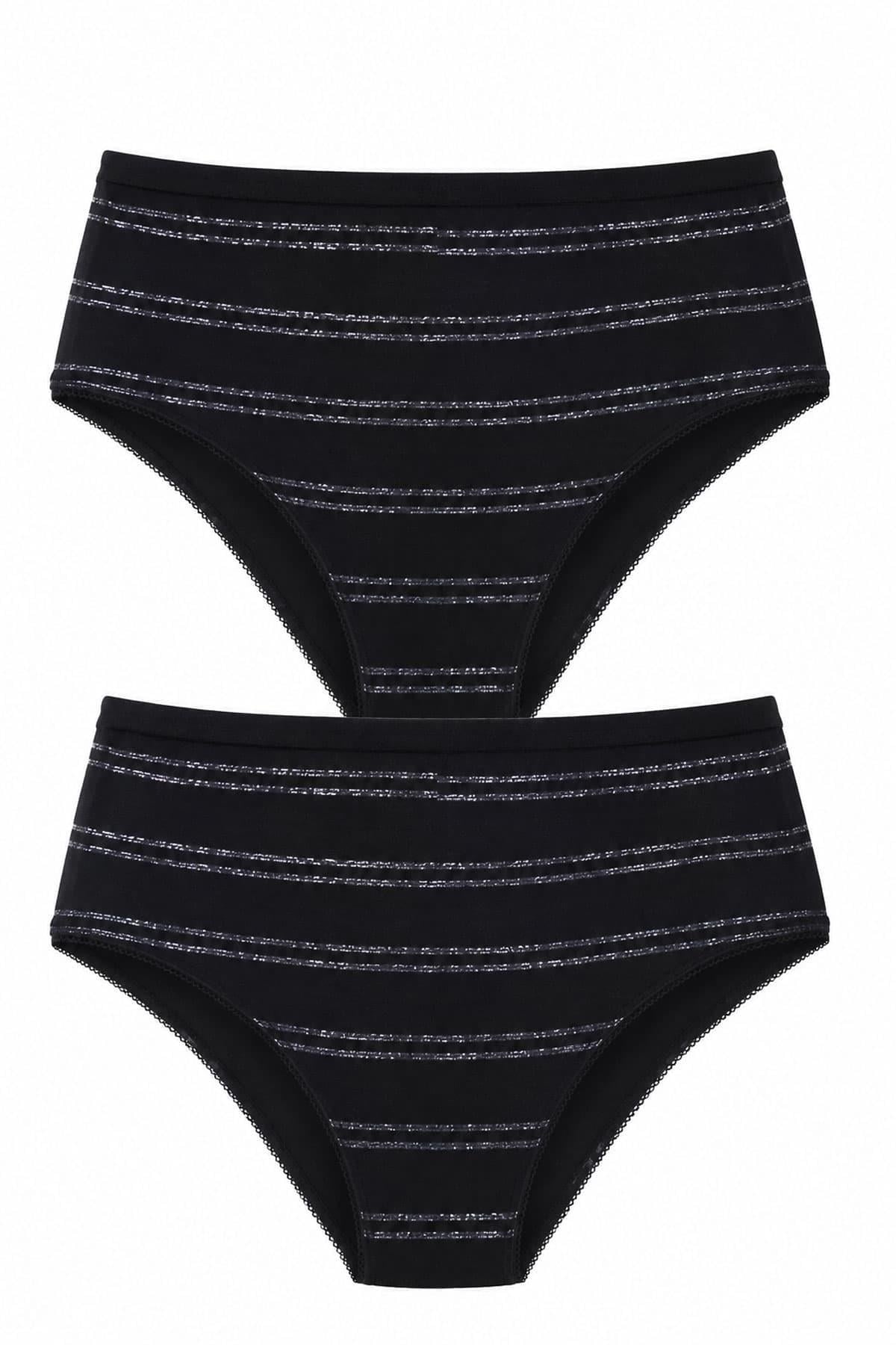 2'li Kadın Sim Çizgili Yüksek Bel Bikini Külot Seti