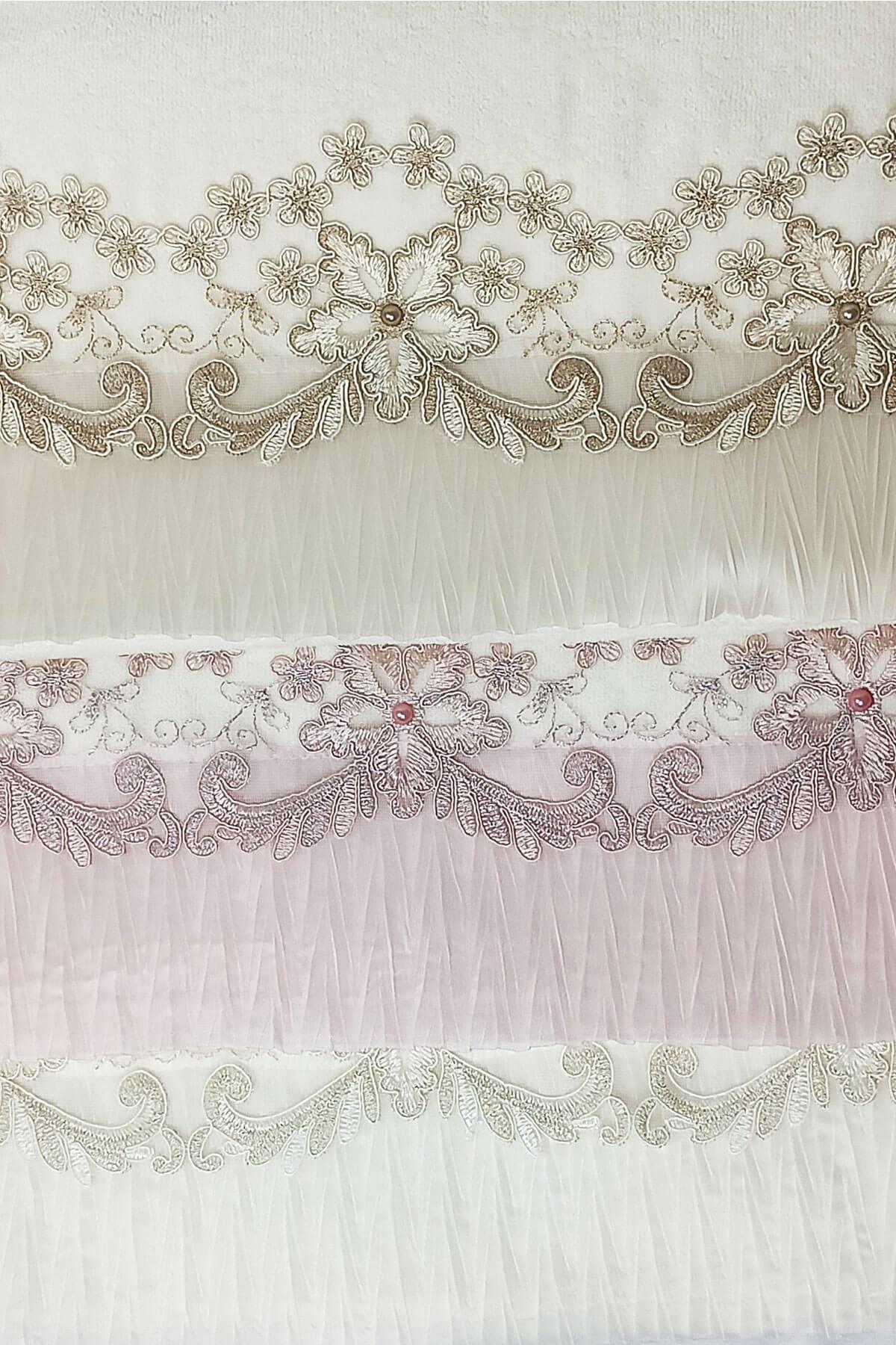 3 Lü Tül Dantel İşlemeli Boncuklu Havlu Seti 50X90 Cm