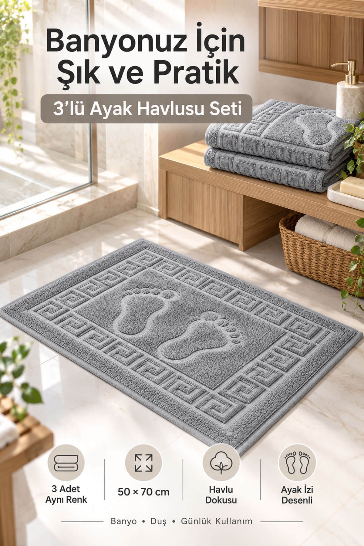 3'lü Banyo Ayak Havlusu 50x70 cm 250 Gr Footera