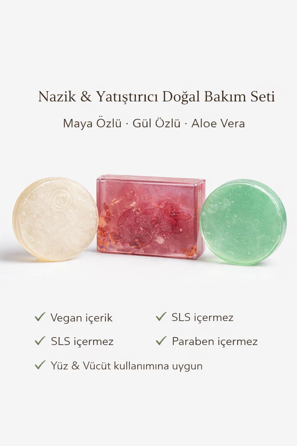 3'lü Doğal Sabun Seti  Maya, Aloe Vera, Gül Özlü - Hassas & Günlük Nazik Bakım Serisi