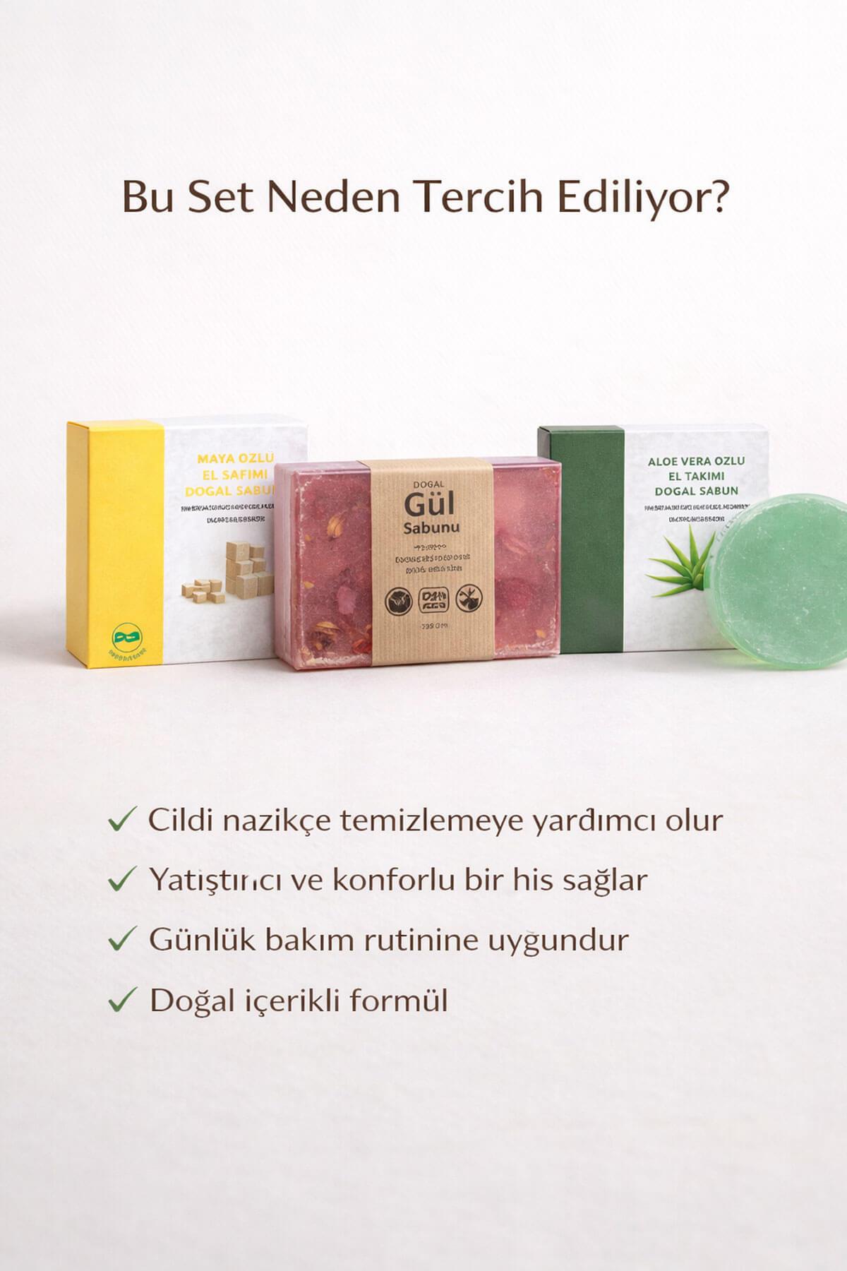 3'lü Doğal Sabun Seti  Maya, Aloe Vera, Gül Özlü - Hassas & Günlük Nazik Bakım Serisi
