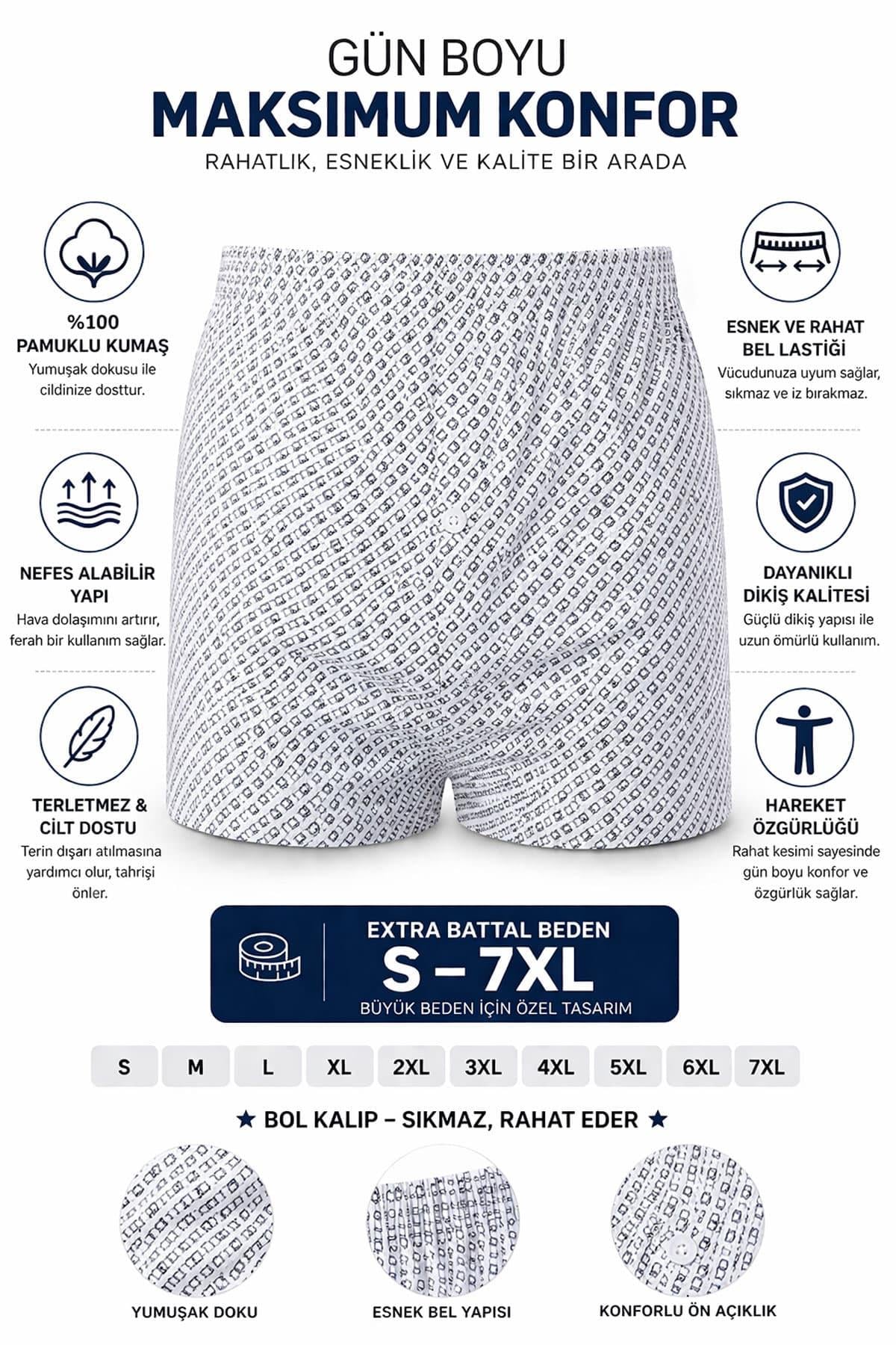 3'lü Erkek Extra Battal Desenli Pamuklu Boxer (S - 7XL Geniş Beden)