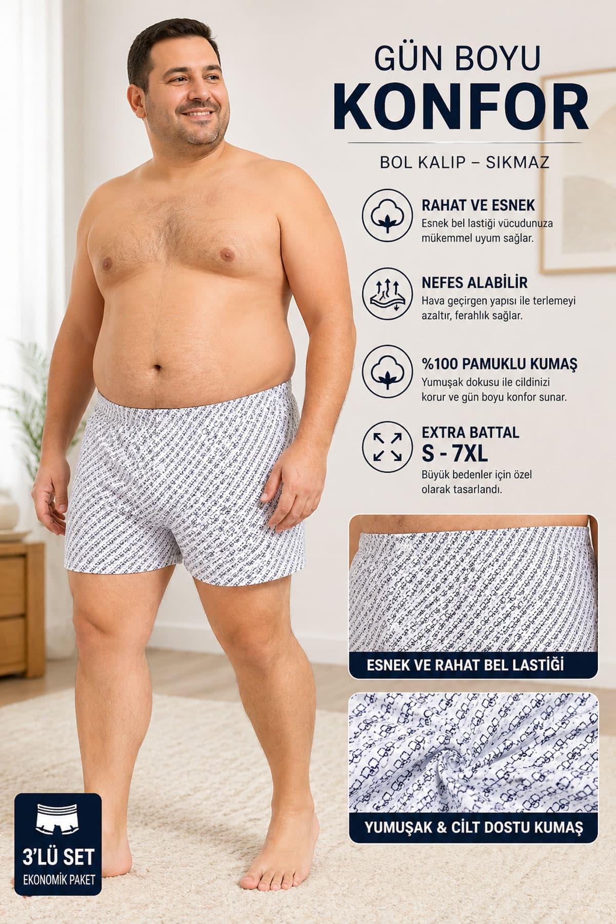 3'lü Erkek Extra Battal Desenli Pamuklu Boxer (S - 7XL Geniş Beden)