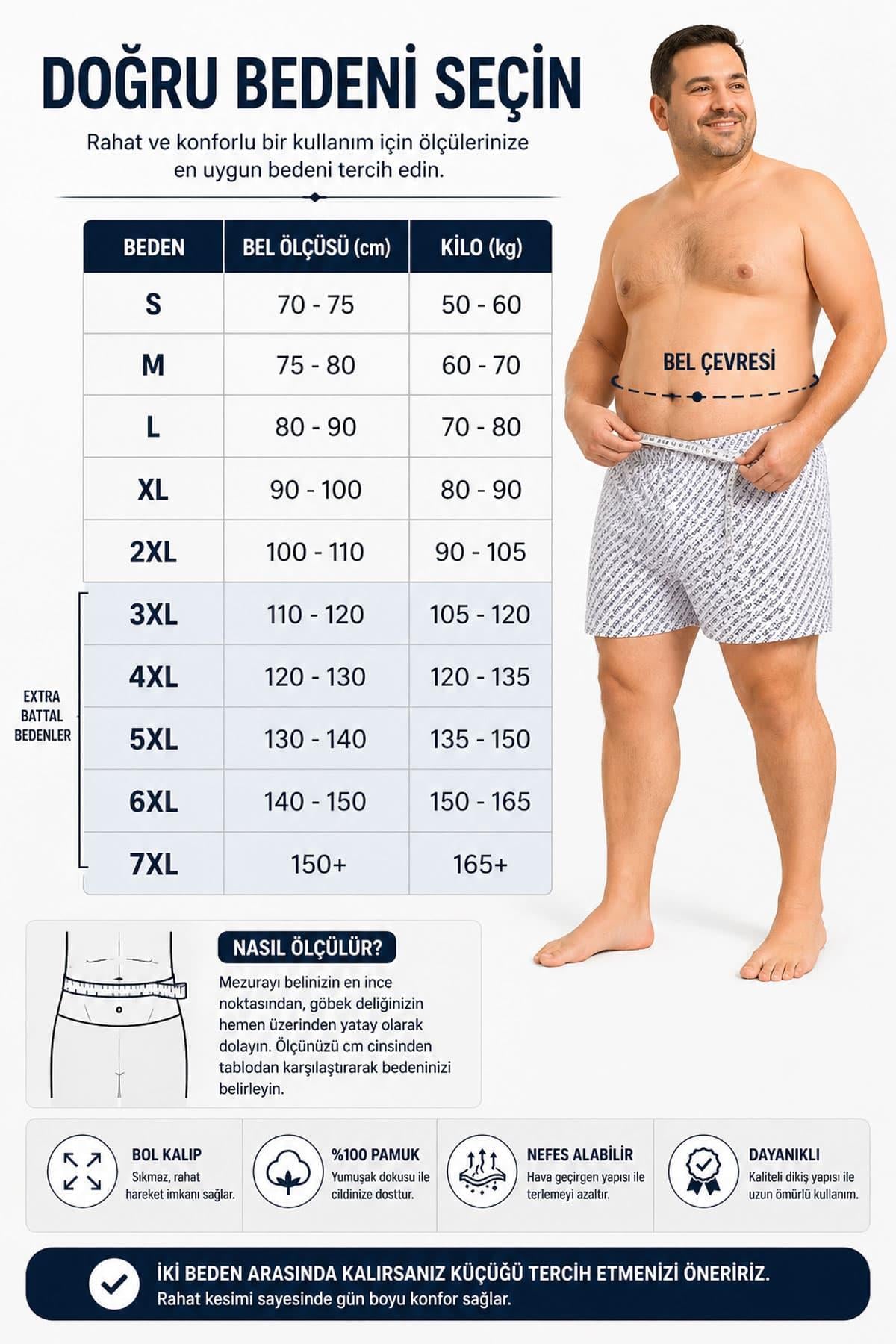 3'lü Erkek Extra Battal Desenli Pamuklu Boxer (S - 7XL Geniş Beden)