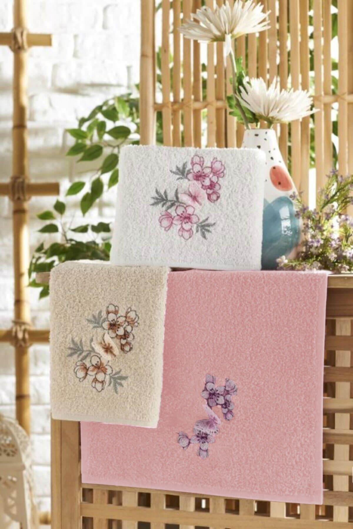 3'lü Lüks %100 Pamuklu Mutfak Havlusu Seti 3D Kelebek Aplikeli 30x50 Cm