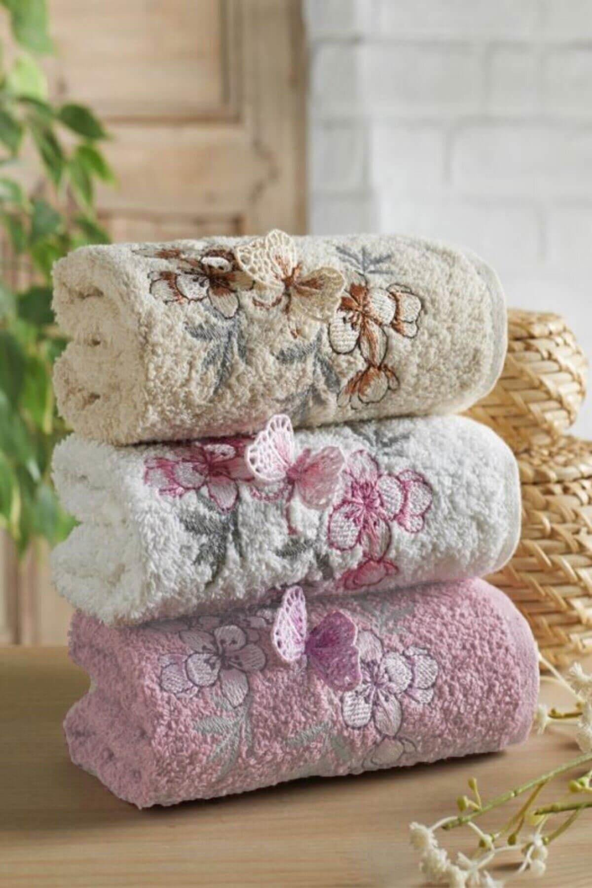 3'lü Lüks %100 Pamuklu Mutfak Havlusu Seti 3D Kelebek Aplikeli 30x50 Cm