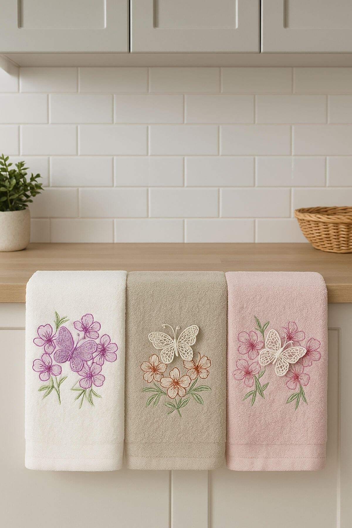 3'lü Lüks %100 Pamuklu Mutfak Havlusu Seti 3D Kelebek Aplikeli 30x50 Cm
