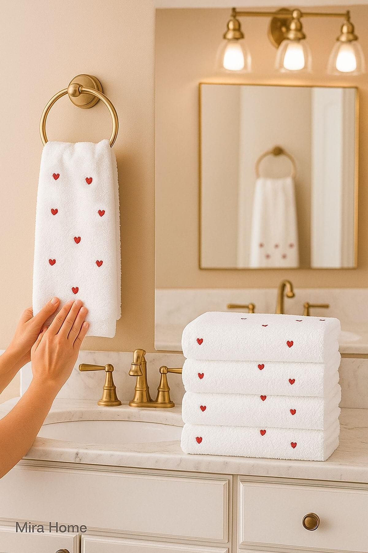 4 Lü Kalp Nakış İşlemeli El Yüz Havlu Seti %100 Pamuklu 50x90 Cm Hand Of Love