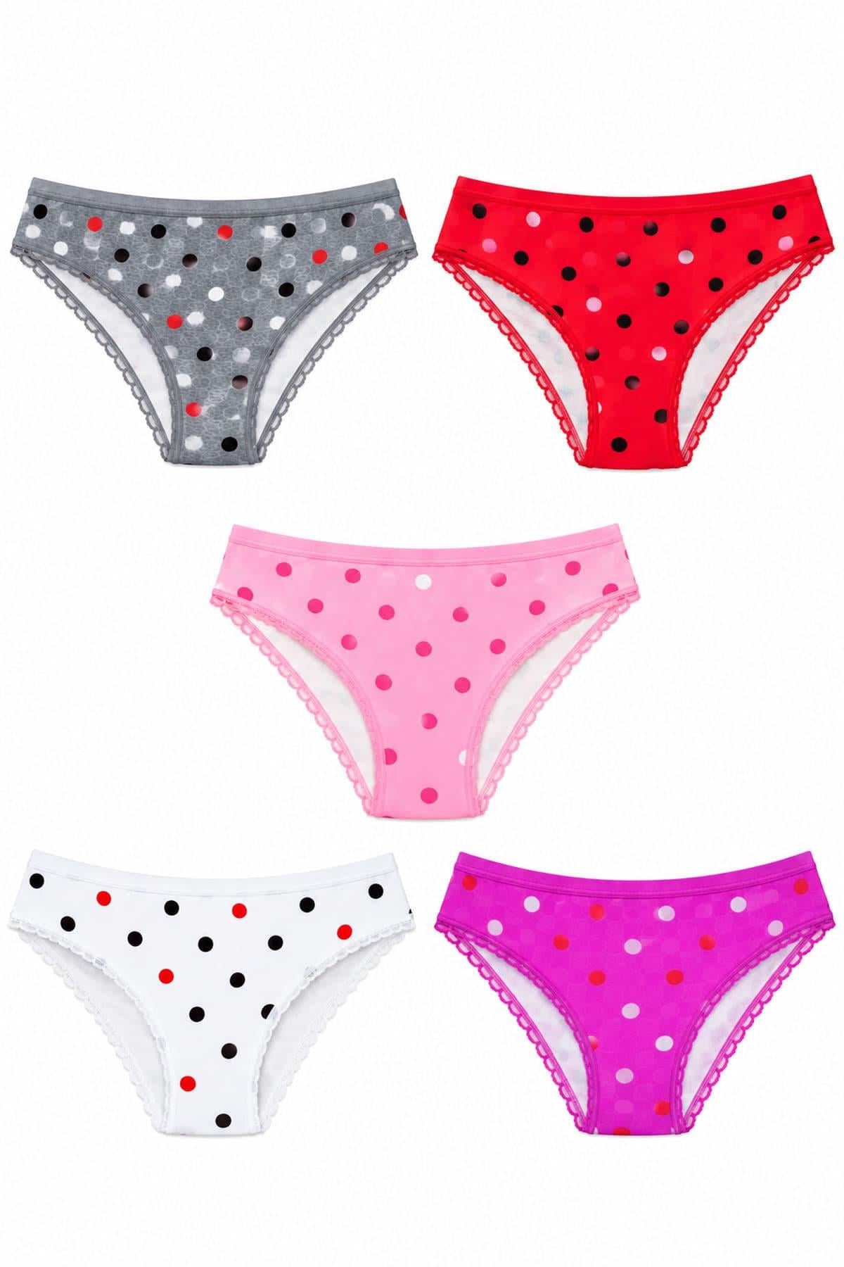 5'li Kadın Kelebek Pamuklu Puantiyeli Bikini Külot Seti (Renkli ve Esnek)
