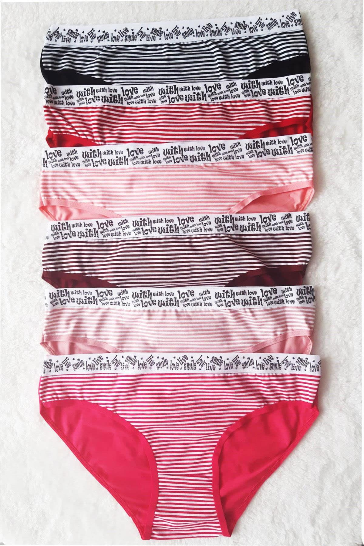 6 lı Kadın Çizgili Karışık Renk Pamuklu Bikini Külot With Love
