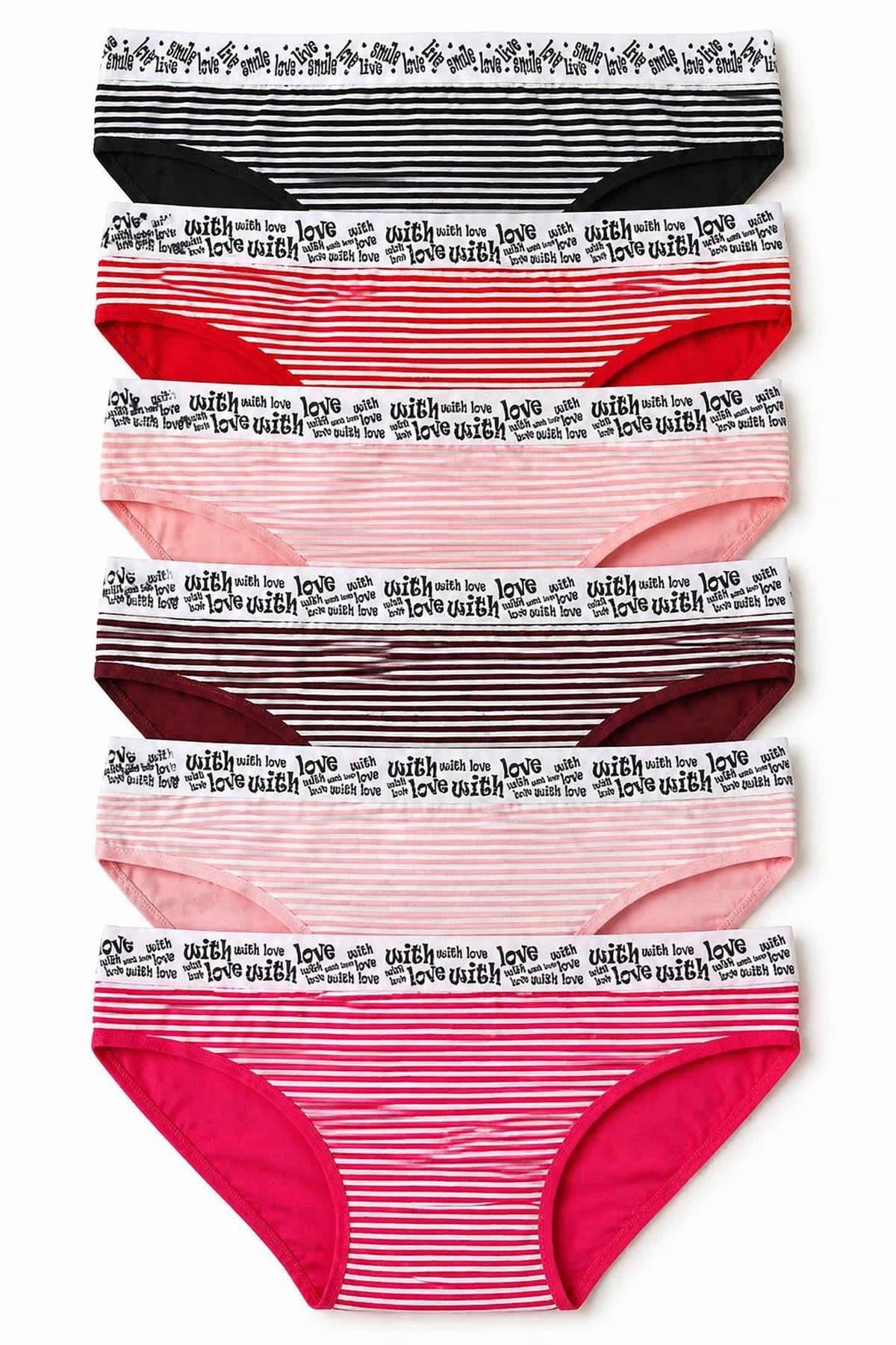6 lı Kadın Çizgili Karışık Renk Pamuklu Bikini Külot With Love