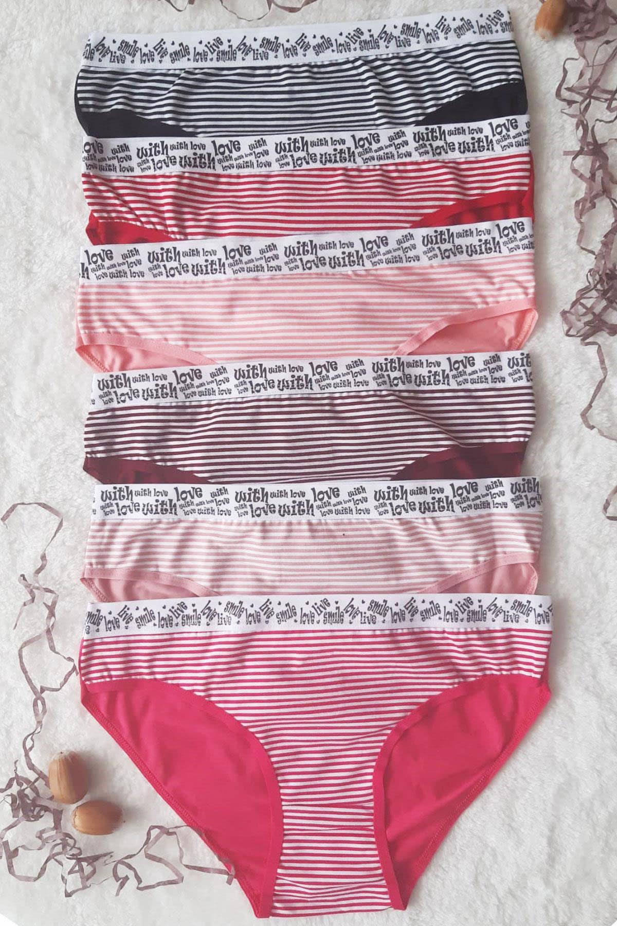 6 lı Kadın Çizgili Karışık Renk Pamuklu Bikini Külot With Love