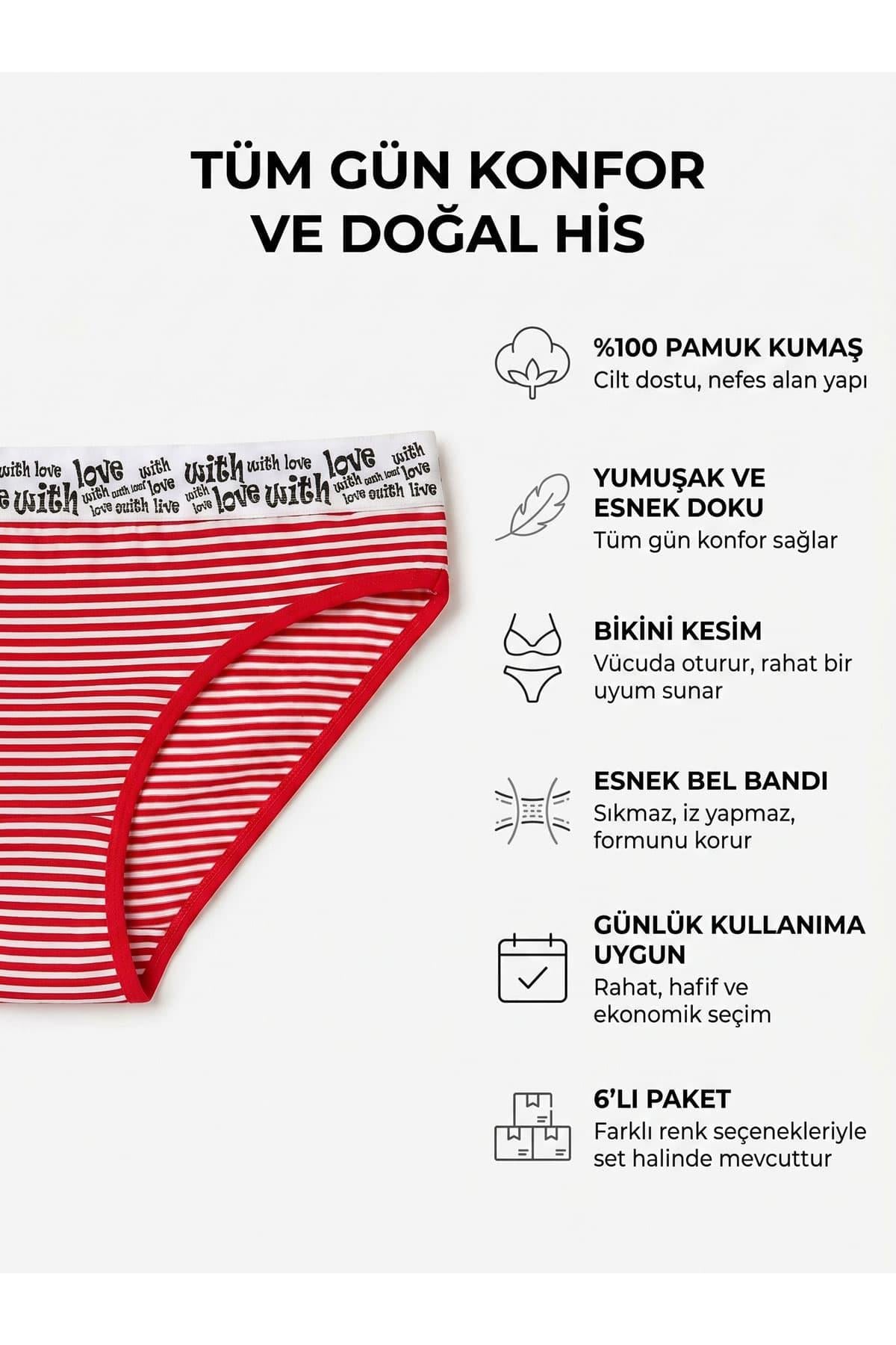 6 lı Kadın Çizgili Karışık Renk Pamuklu Bikini Külot With Love