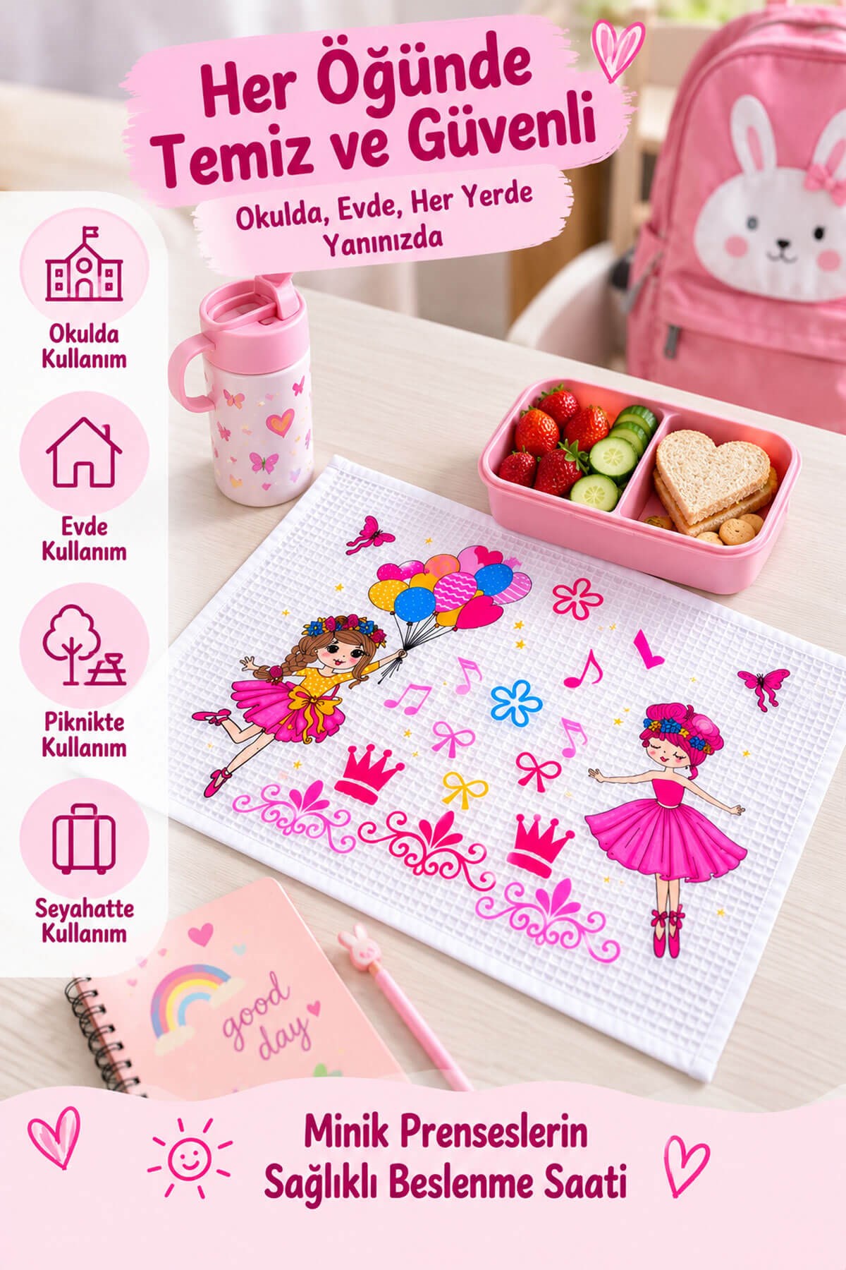6 lı Okul Beslenme Örtüsü 35x50 cm Yıkanabilir Balerin