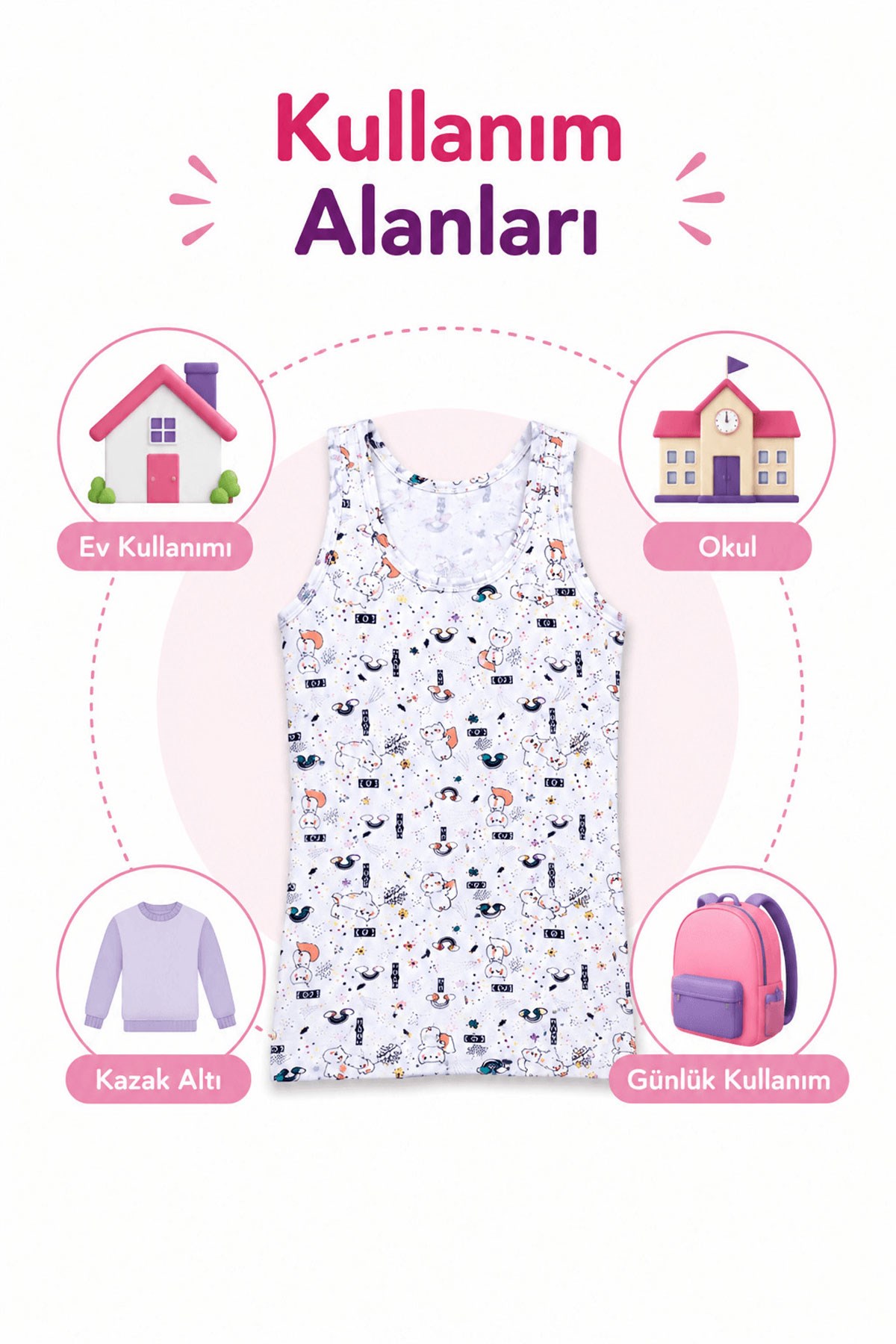 6 lı Tutku Kız Çocuk Atlet Elastan Emprime Geniş Askılı Pamuklu Renkli