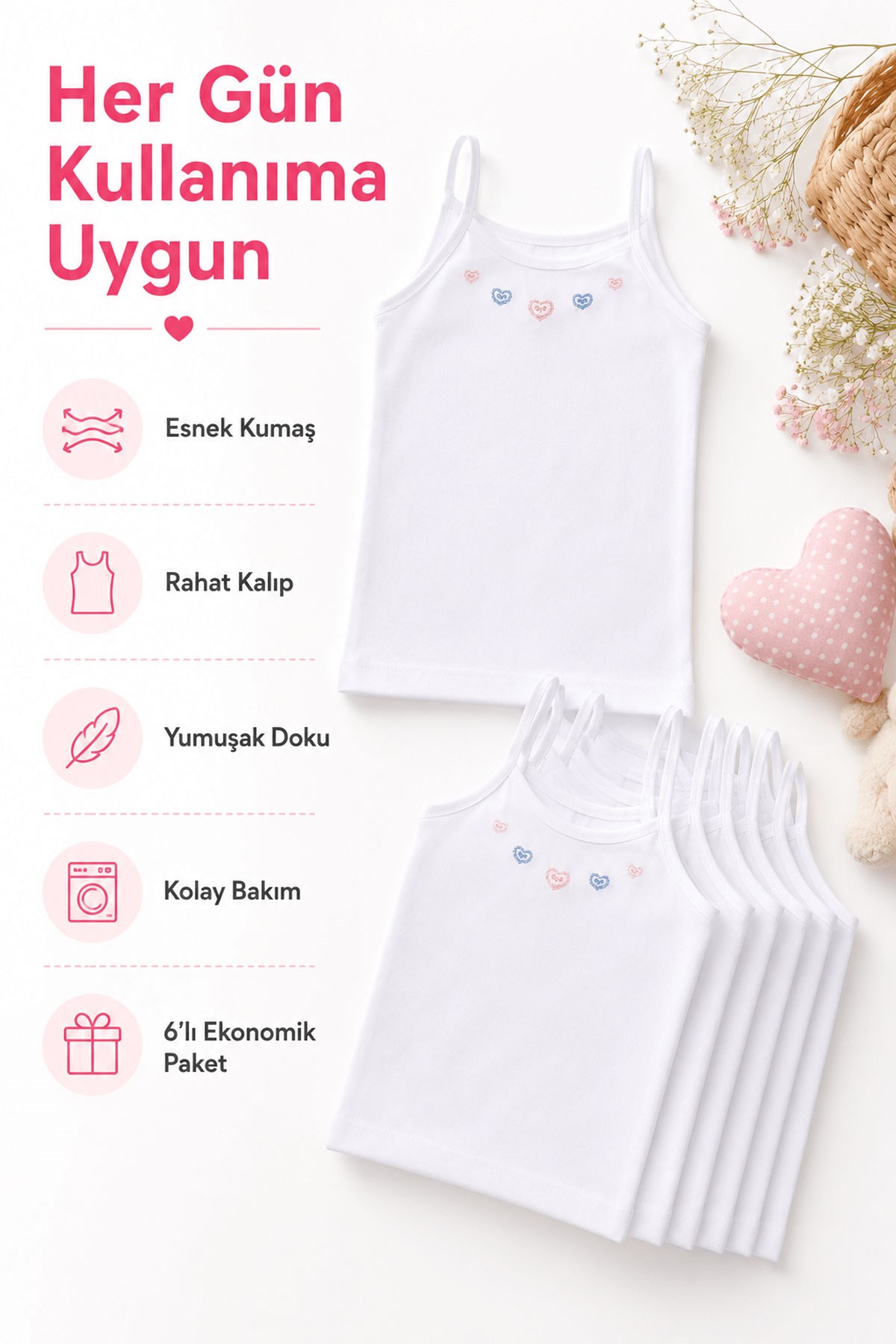 6 lı Tutku Kız Çocuk İp Askılı Atlet İşlemeli Ribana 0165