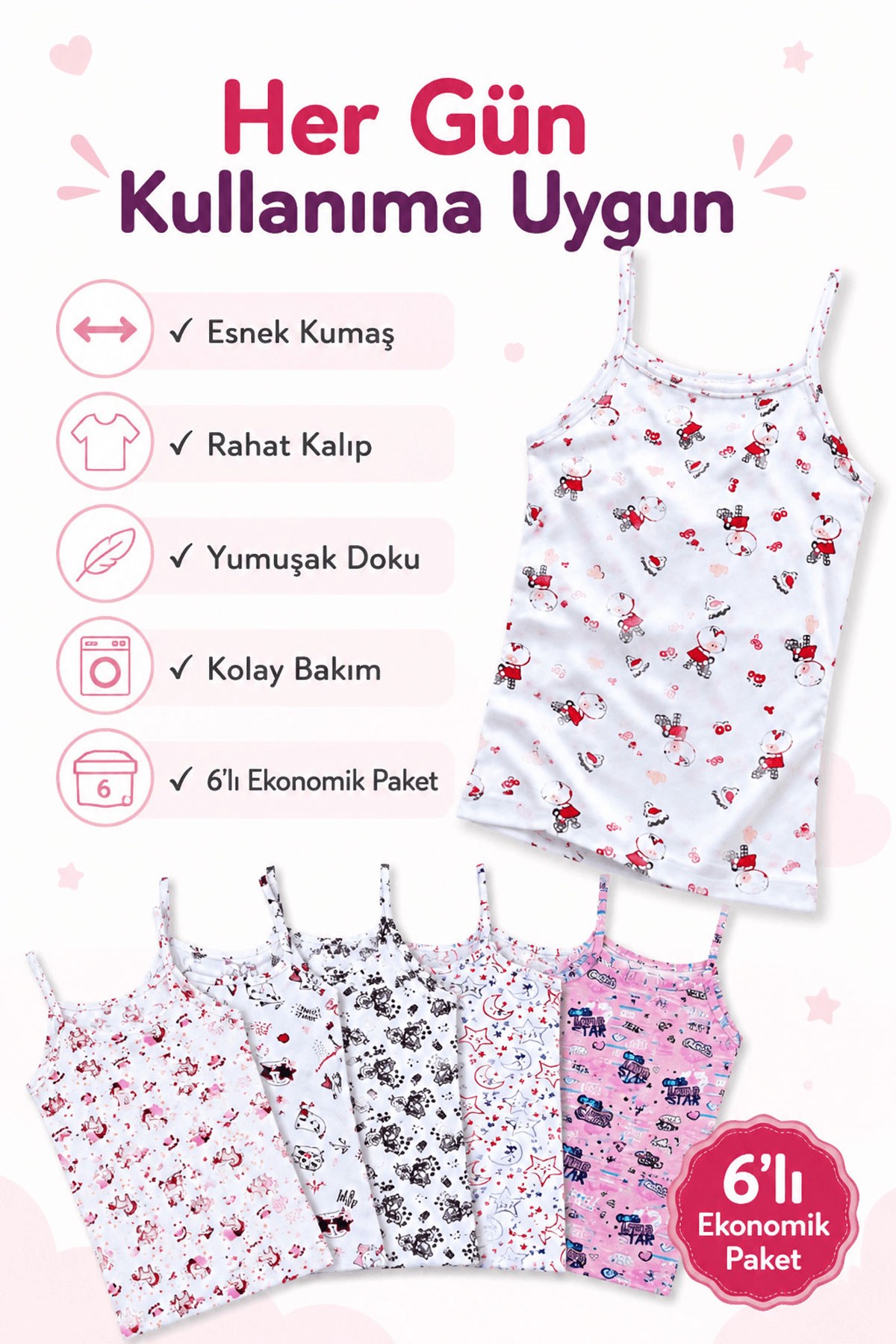 6 lı Tutku Kız Çocuk İp Askılı Atlet Renkli Desenli Pamuklu 0850