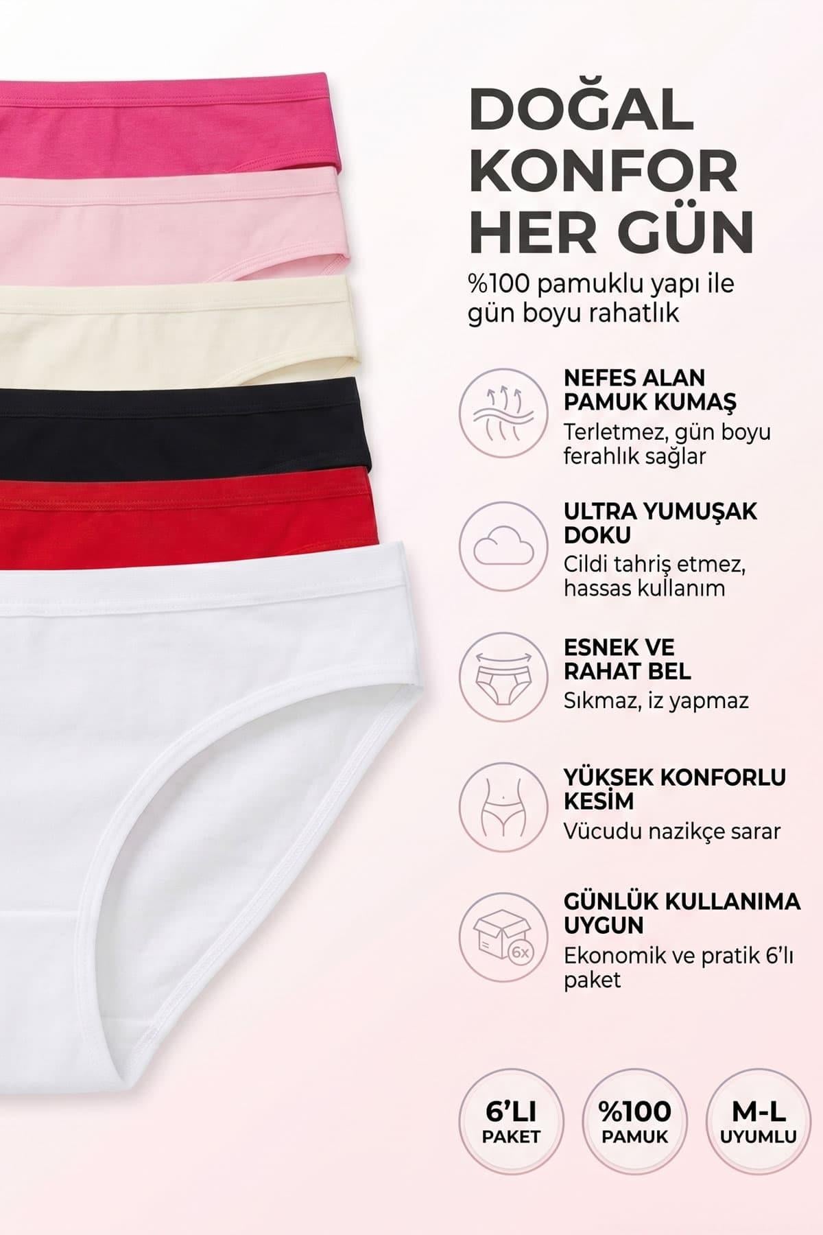 6'lı Kadın Pamuklu Bikini Külot Seti Renkli ve Esnek M-L Uyumlu