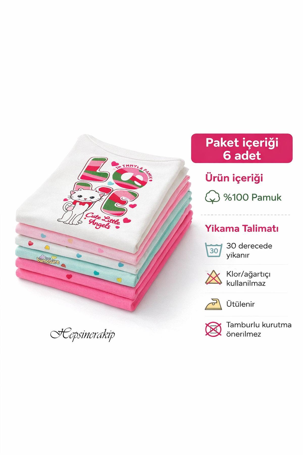 6lı Kız Çocuk İp Askılı Baskılı Düz Renk Atlet Pamuklu Renkli Sdf