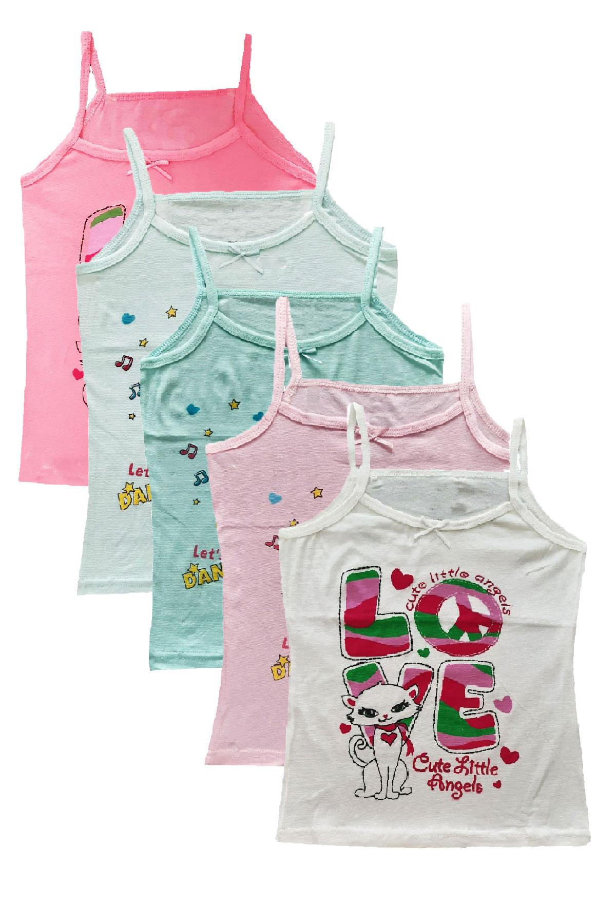 6lı Kız Çocuk İp Askılı Baskılı Düz Renk Atlet Pamuklu Renkli Sdf