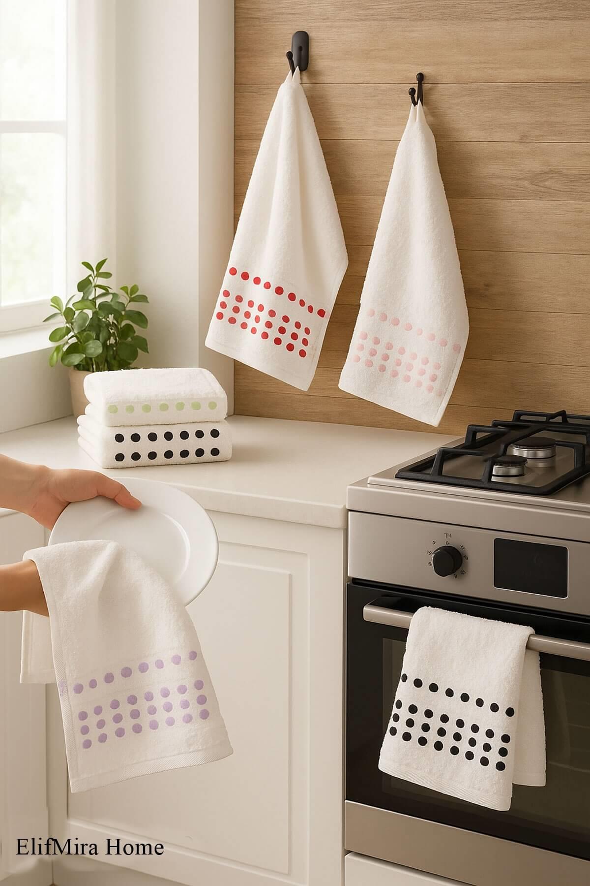 6'lı Mutfak Havlusu Seti 30x50 cm %100 Pamuklu Puantiye