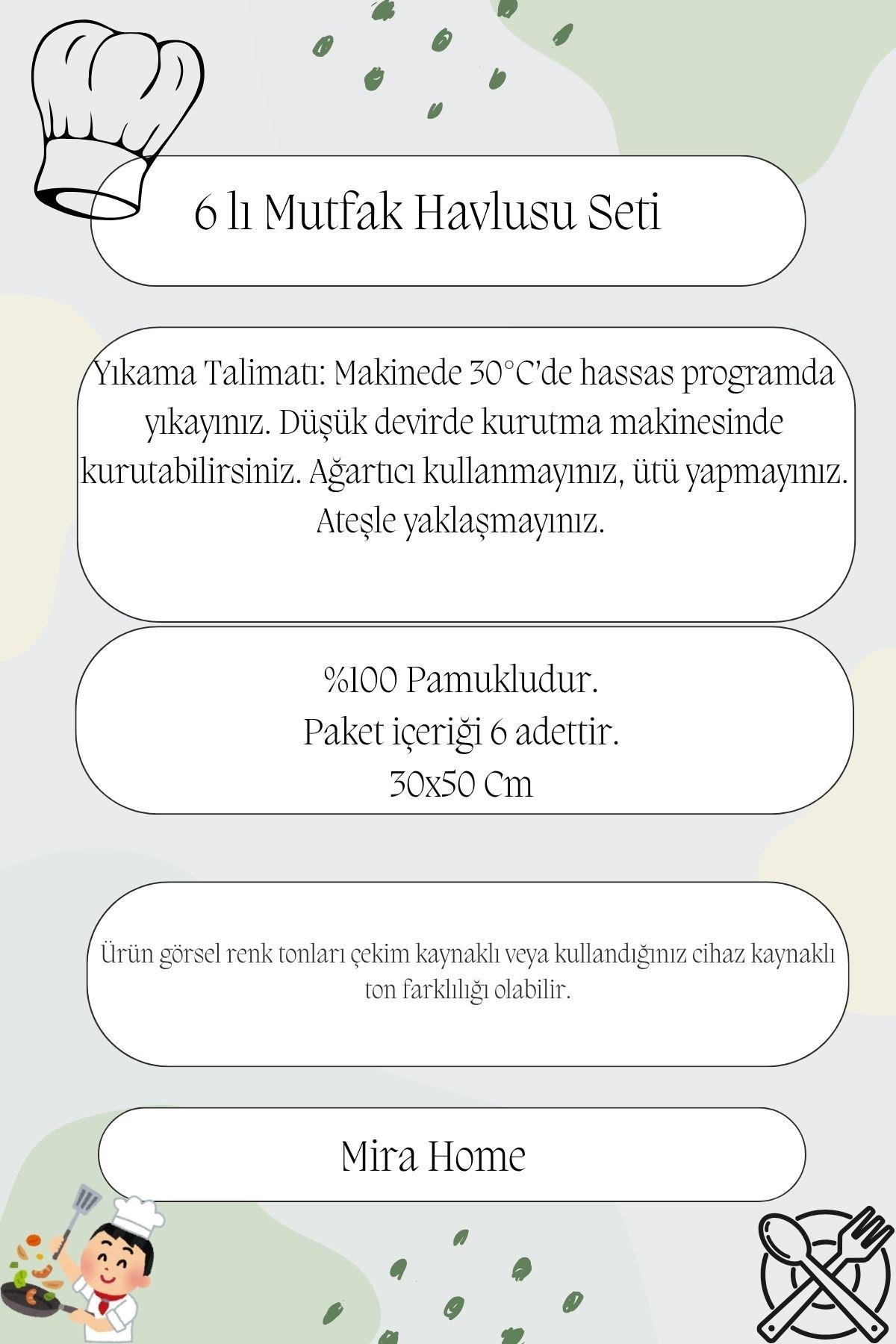 6'lı Mutfak Havlusu Seti 30x50 cm %100 Pamuklu Kare