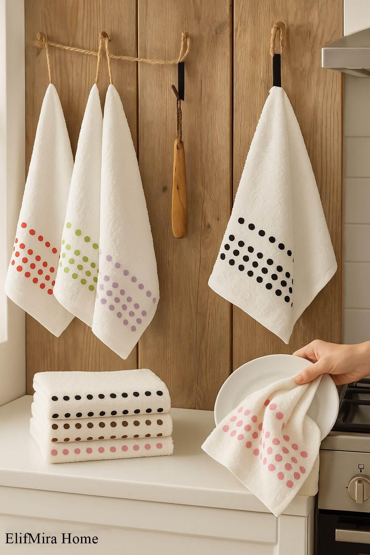 6'lı Mutfak Havlusu Seti 30x50 cm %100 Pamuklu Puantiye