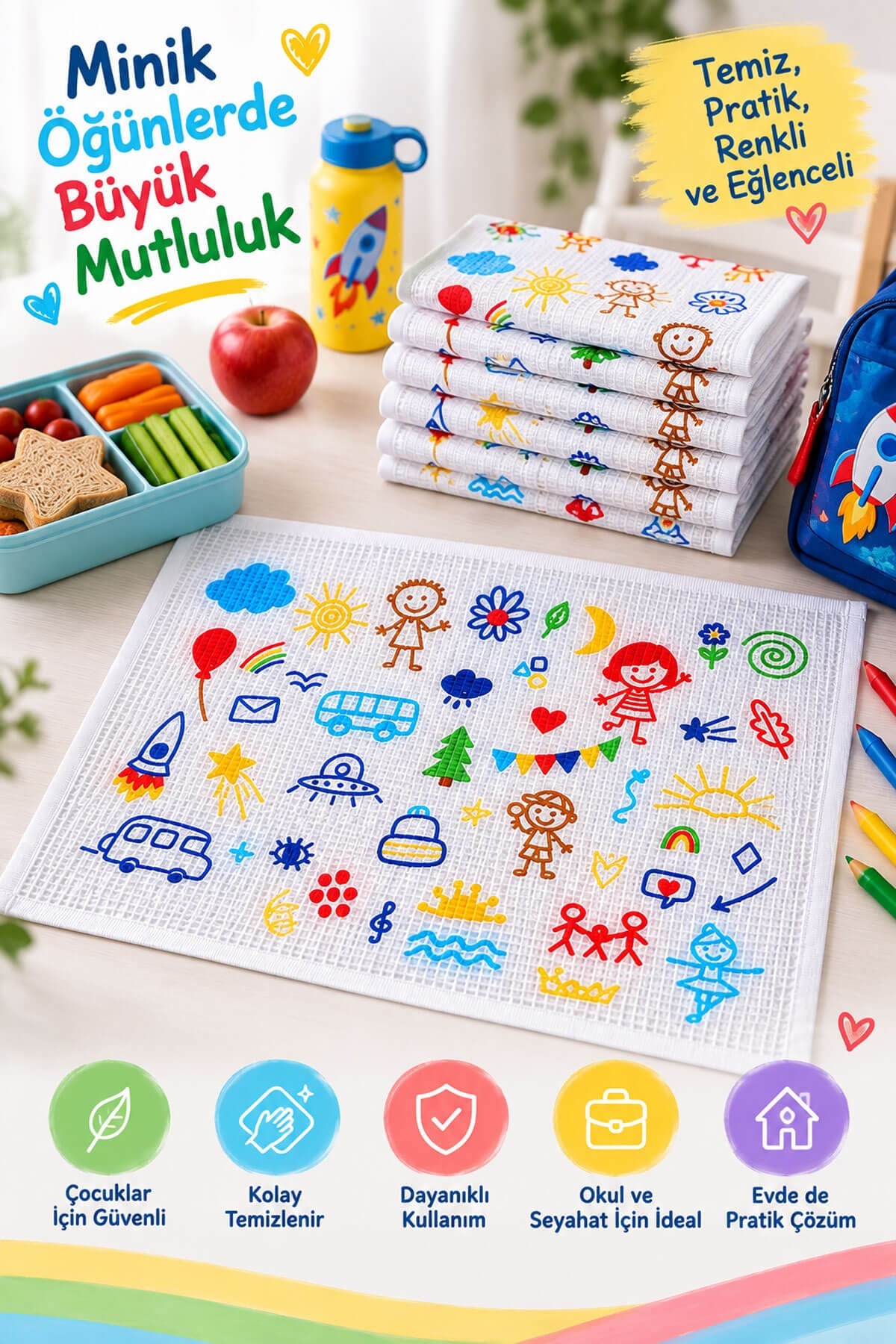 6'lı Okul Beslenme Örtüsü 35x50 cm Pamuklu Yıkanabilir Happykids