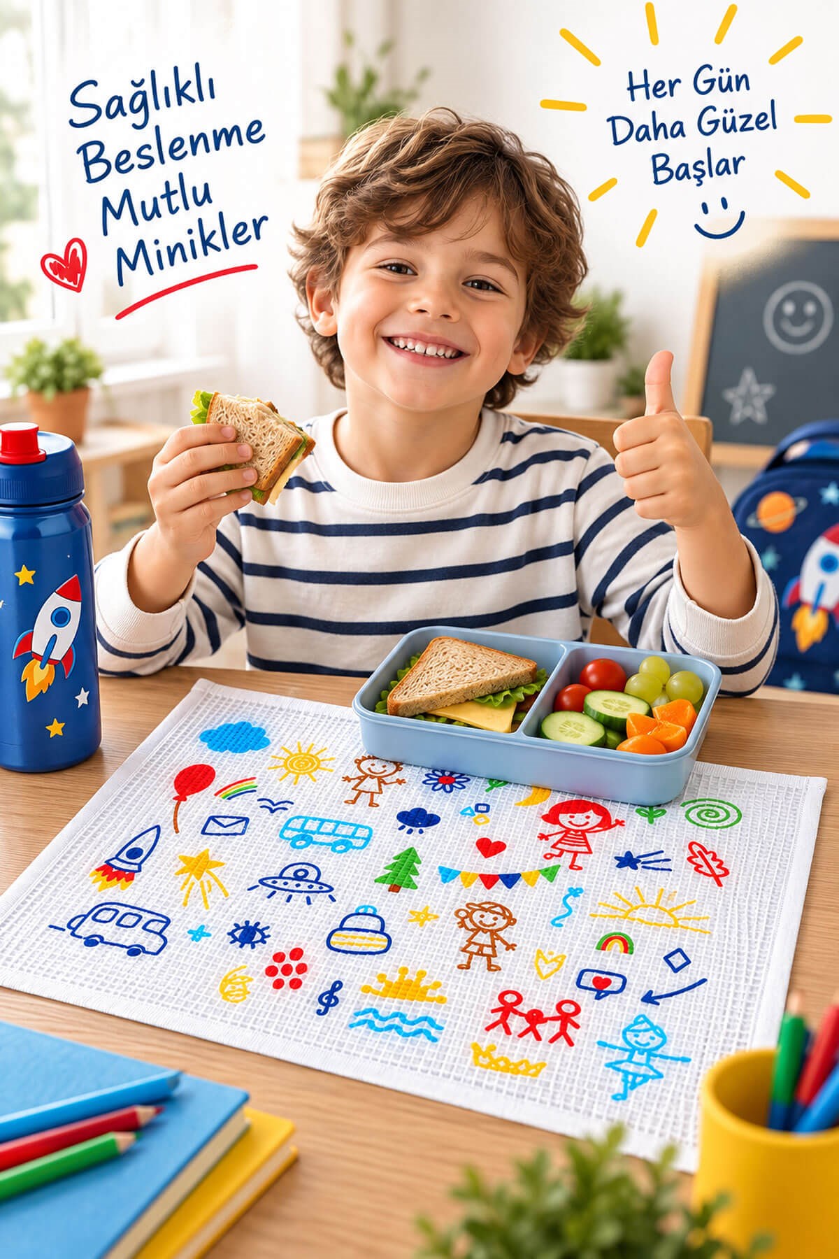 6'lı Okul Beslenme Örtüsü 35x50 cm Pamuklu Yıkanabilir Happykids