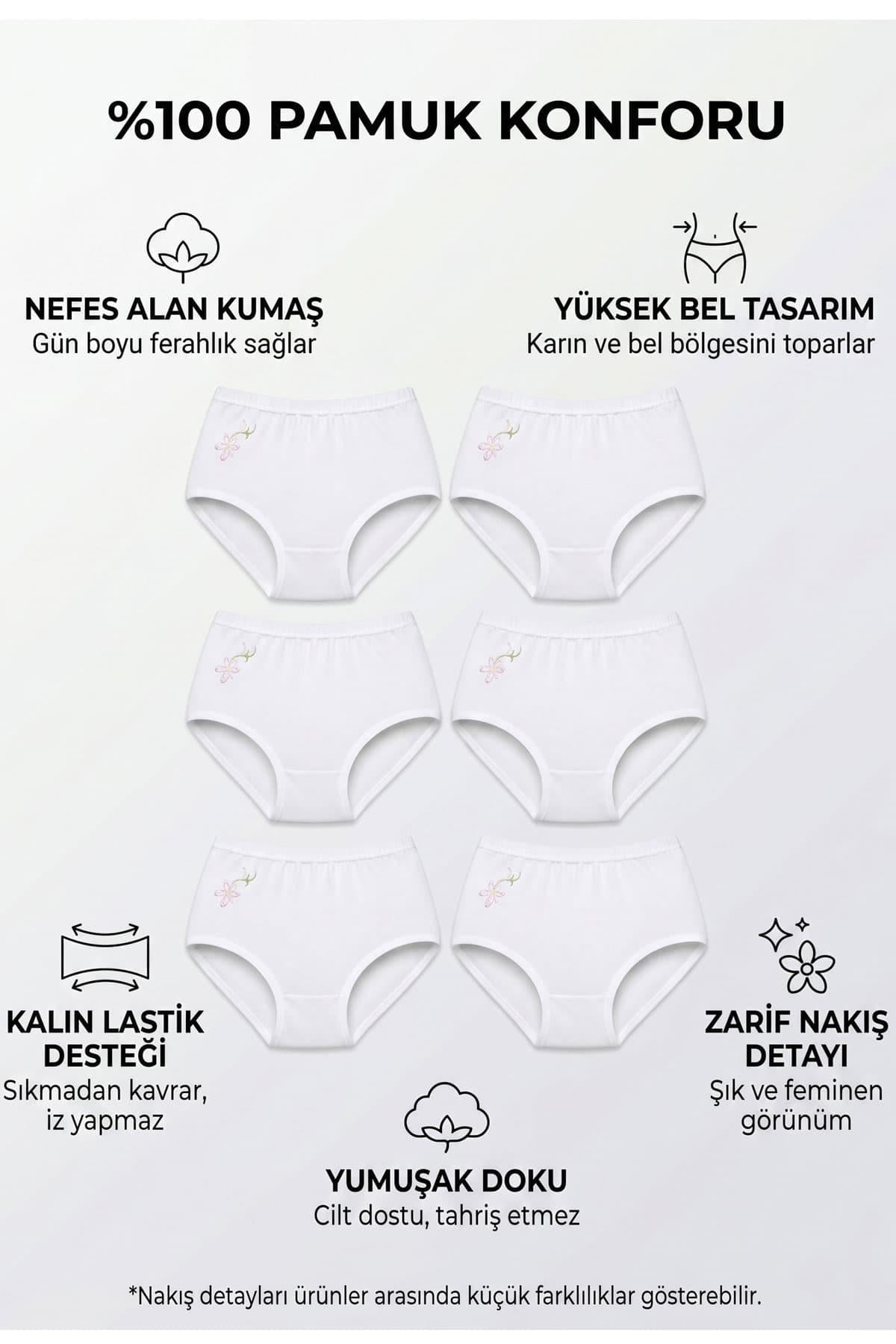 6'lı Seher Yıldızı İşlemeli %100 Pamuklu Yüksek Bel Bato Külot Seti