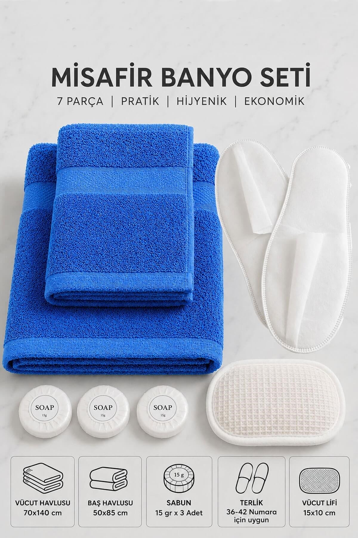 7 Parça Banyo Havlu Seti Mavi - Misafir/Seyahat/Kamp/Outdoor/Plaj