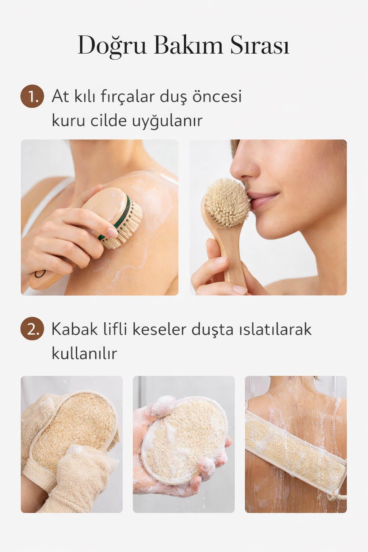 8 Parça Doğal Bakım Full Set - At Kılı Vücut & Yüz Fırçası + 6 Farklı Kabak Lifi Kese Spa Paketi