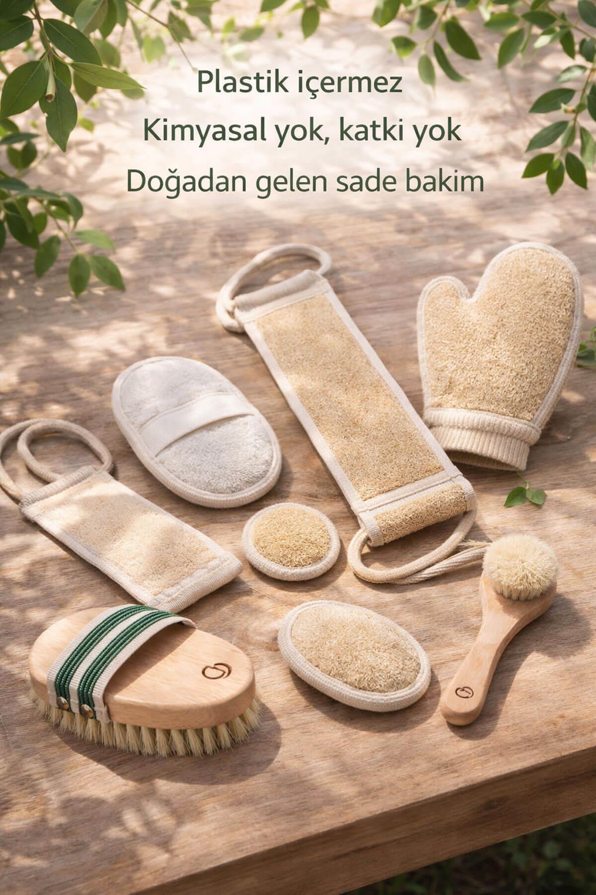 8 Parça Doğal Bakım Full Set - At Kılı Vücut & Yüz Fırçası + 6 Farklı Kabak Lifi Kese Spa Paketi