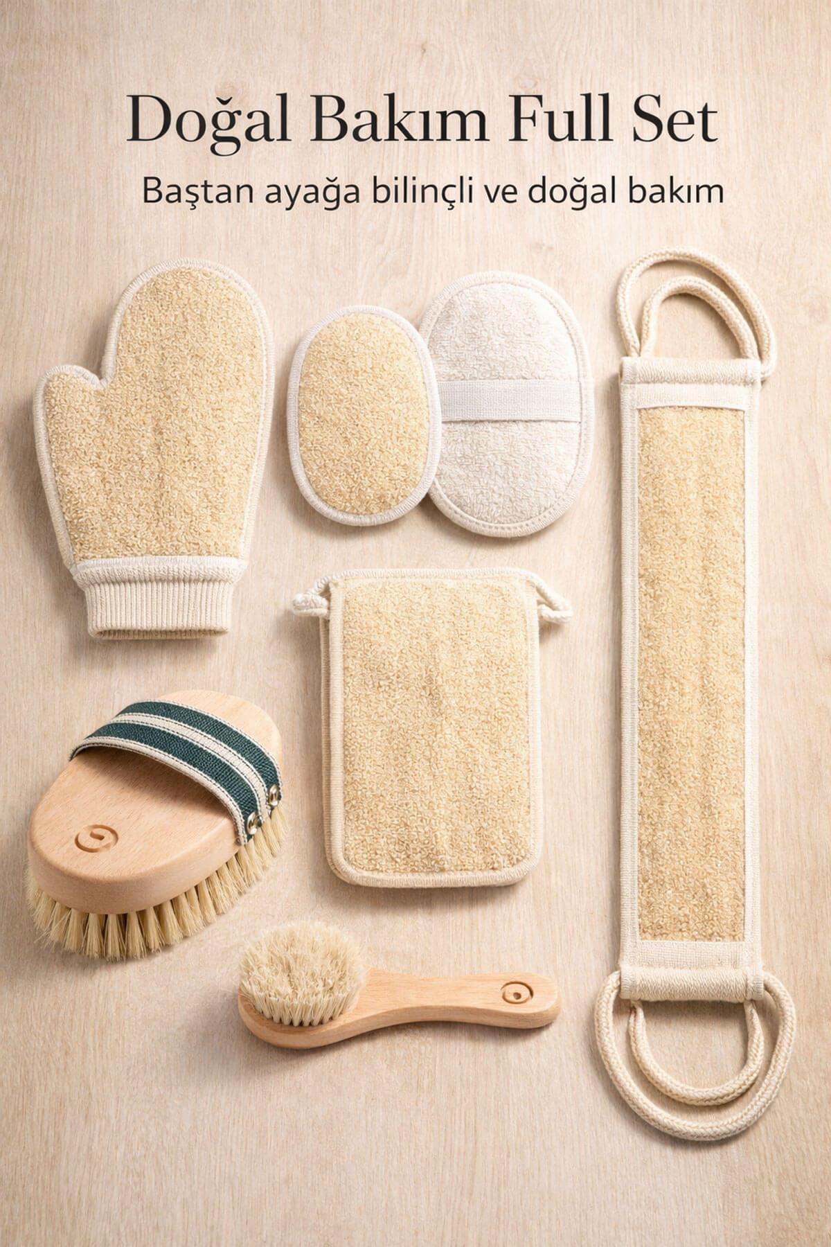 8 Parça Doğal Bakım Full Set - At Kılı Vücut & Yüz Fırçası + 6 Farklı Kabak Lifi Kese Spa Paketi