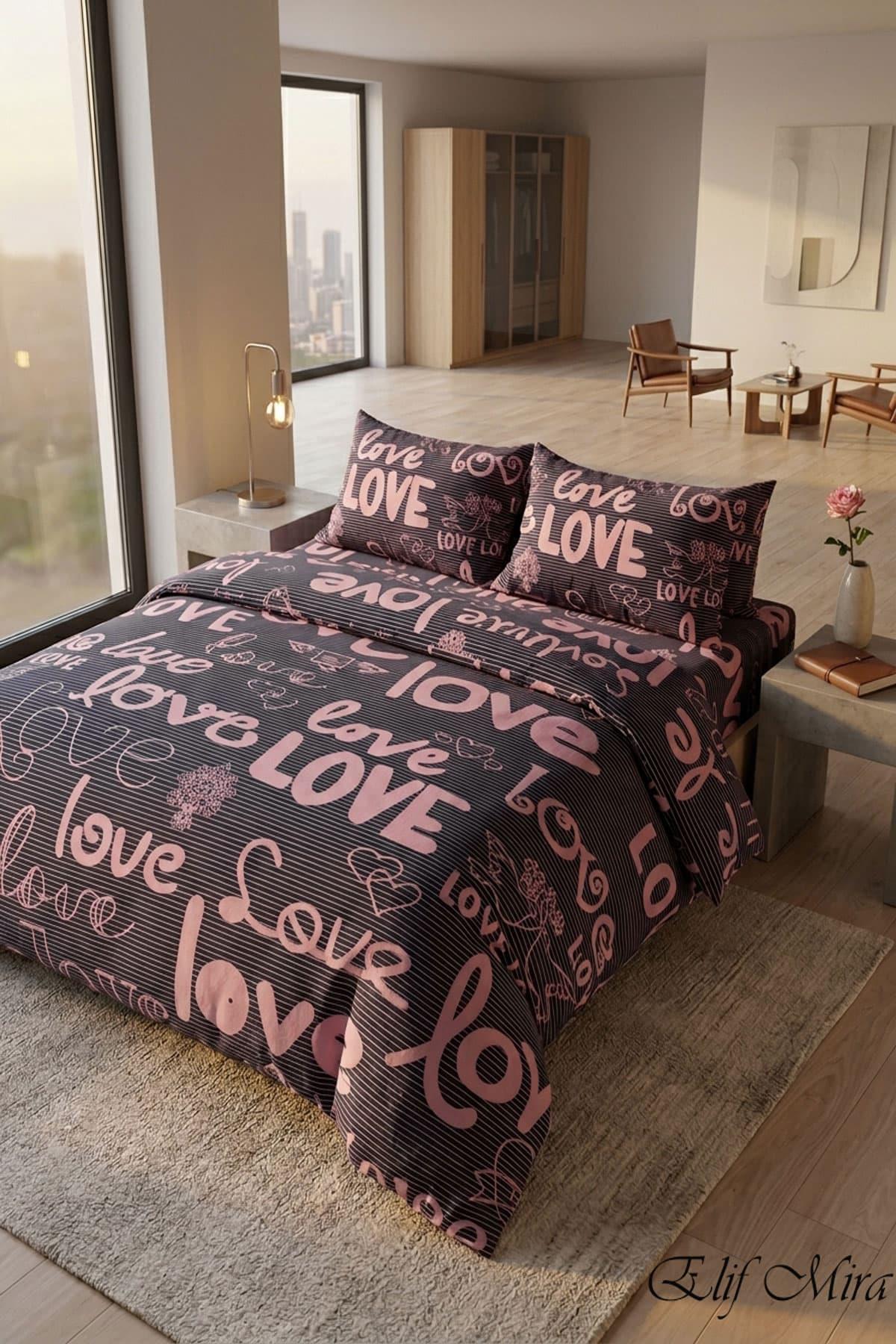 Çift Kişilik Lastikli Çarşaflı Nevresim Takımı  Love Desenli