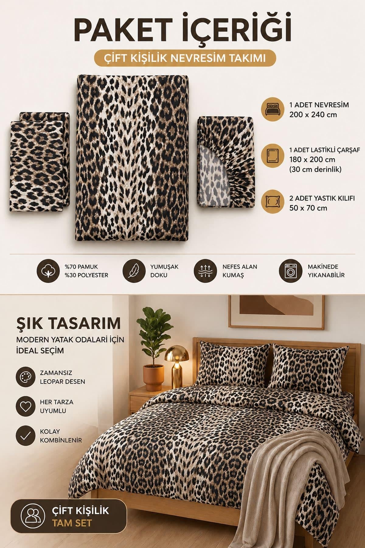 Çift Kişilik Lastikli Çarşaflı Nevresim Takımı  Leopar Desenli