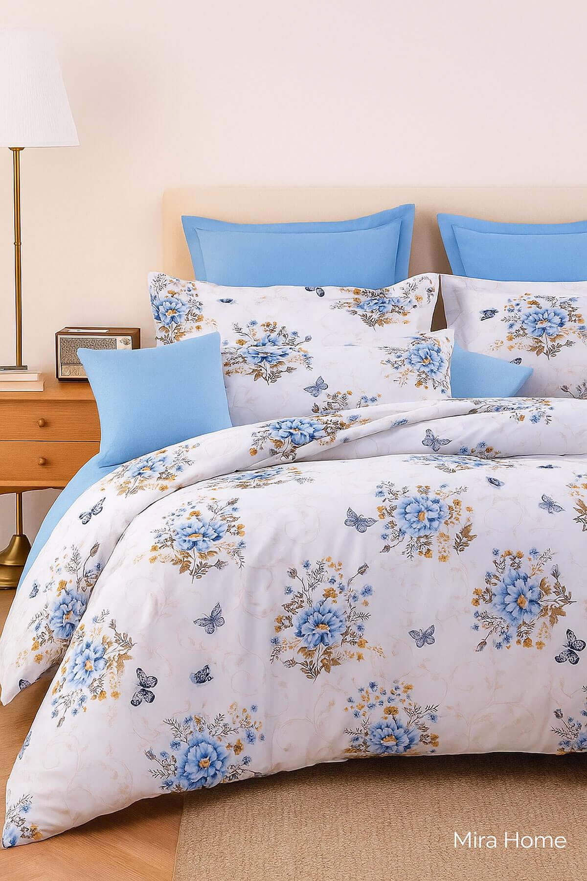 Çift Kişilik Nevresim Takımı Pamuklu Mavi Kelebek