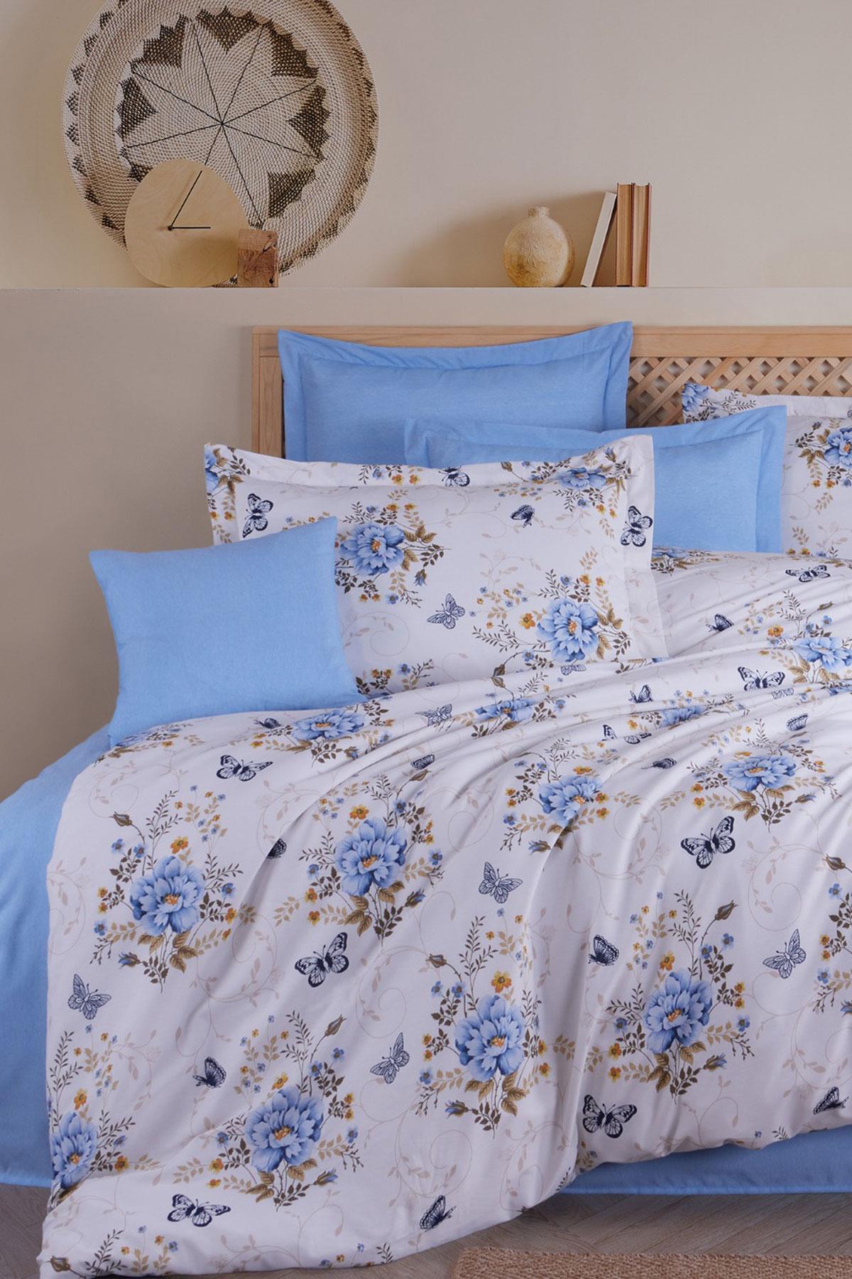 Çift Kişilik Nevresim Takımı Pamuklu Mavi Kelebek